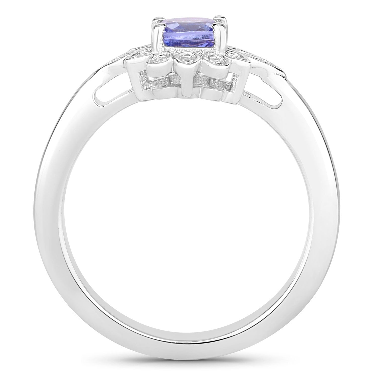 0.59 Ct Cushion Violet Tanzanite & Created White Sapphire Prong Silver Flower Halo Ring