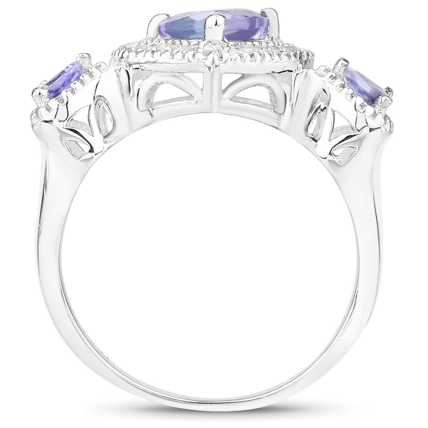 1.09 Ct Trillion Violet Tanzanite & White Diamond Prong Silver Halo Heart Three Stone Ring