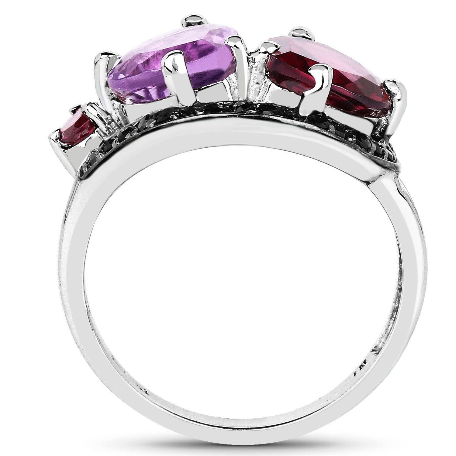 4.07 Ct Heart Purple Amethyst Prong Rhodolite Silver Toi et Moi Ring