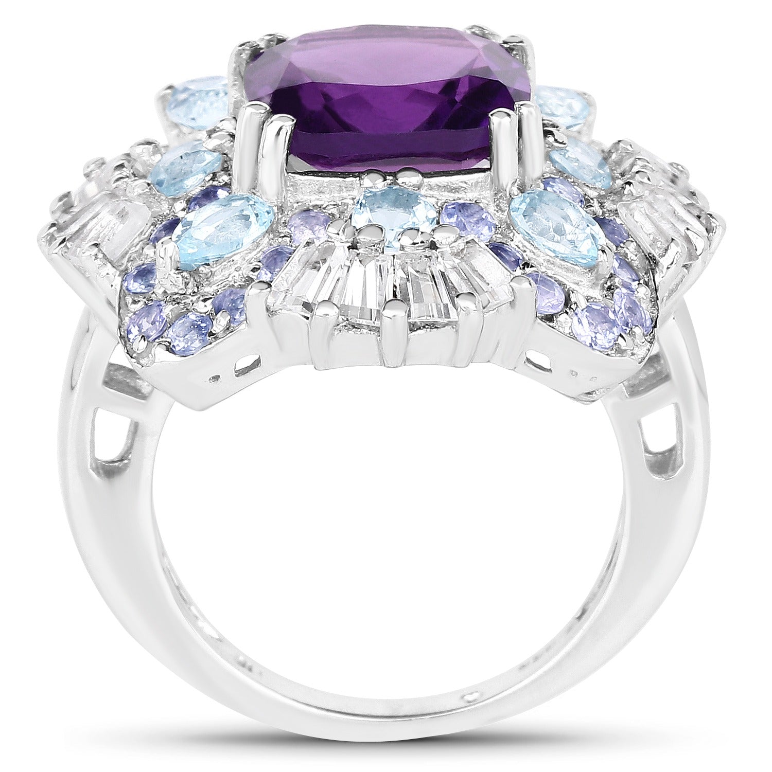 8.38 Ct Cushion Purple Amethyst Prong Sterling Silver Cluster Halo Cocktail Ring