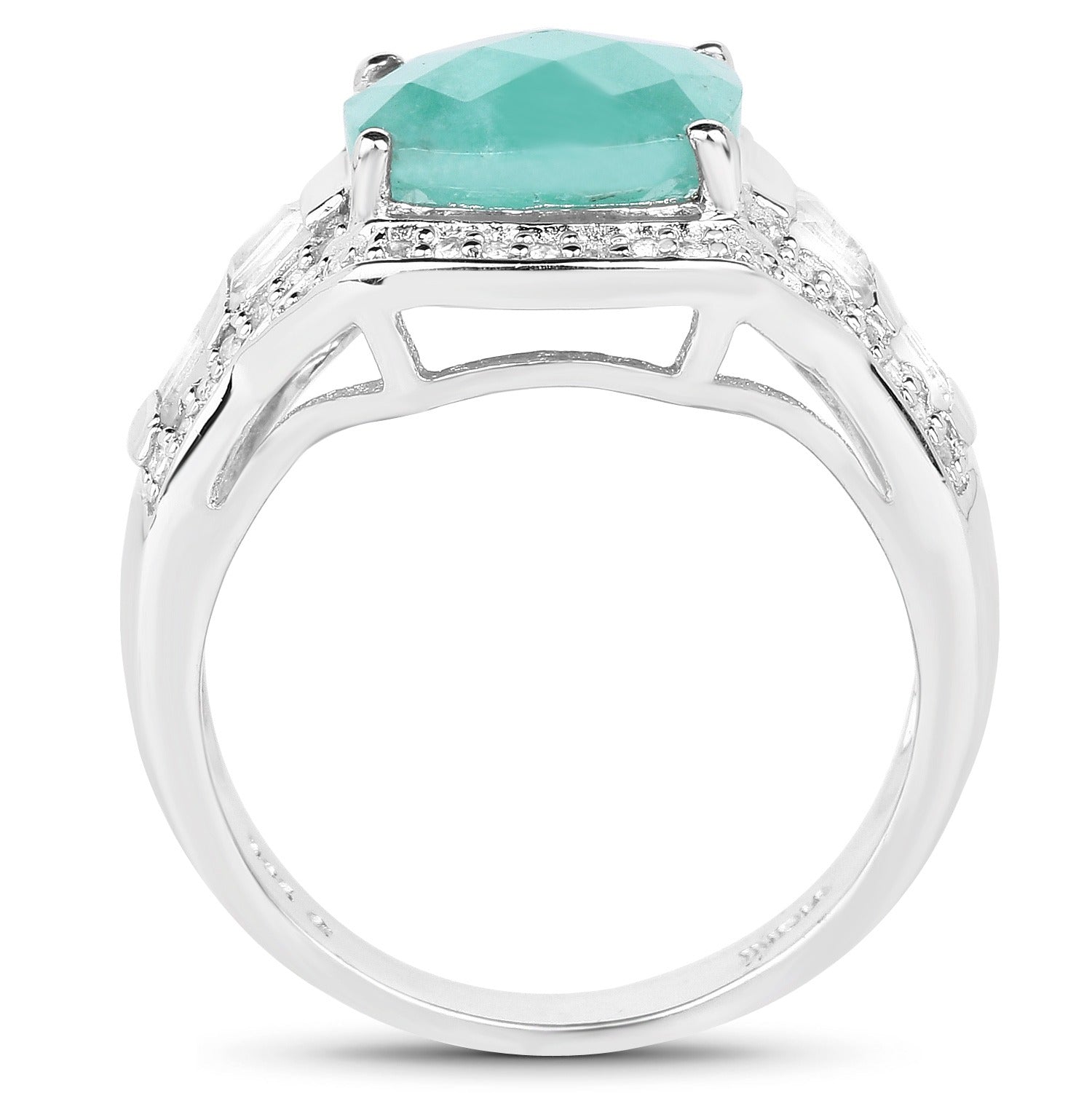 4.09 Ct Cushion Green Emerald Prong Silver Halo Pave Statement Ring