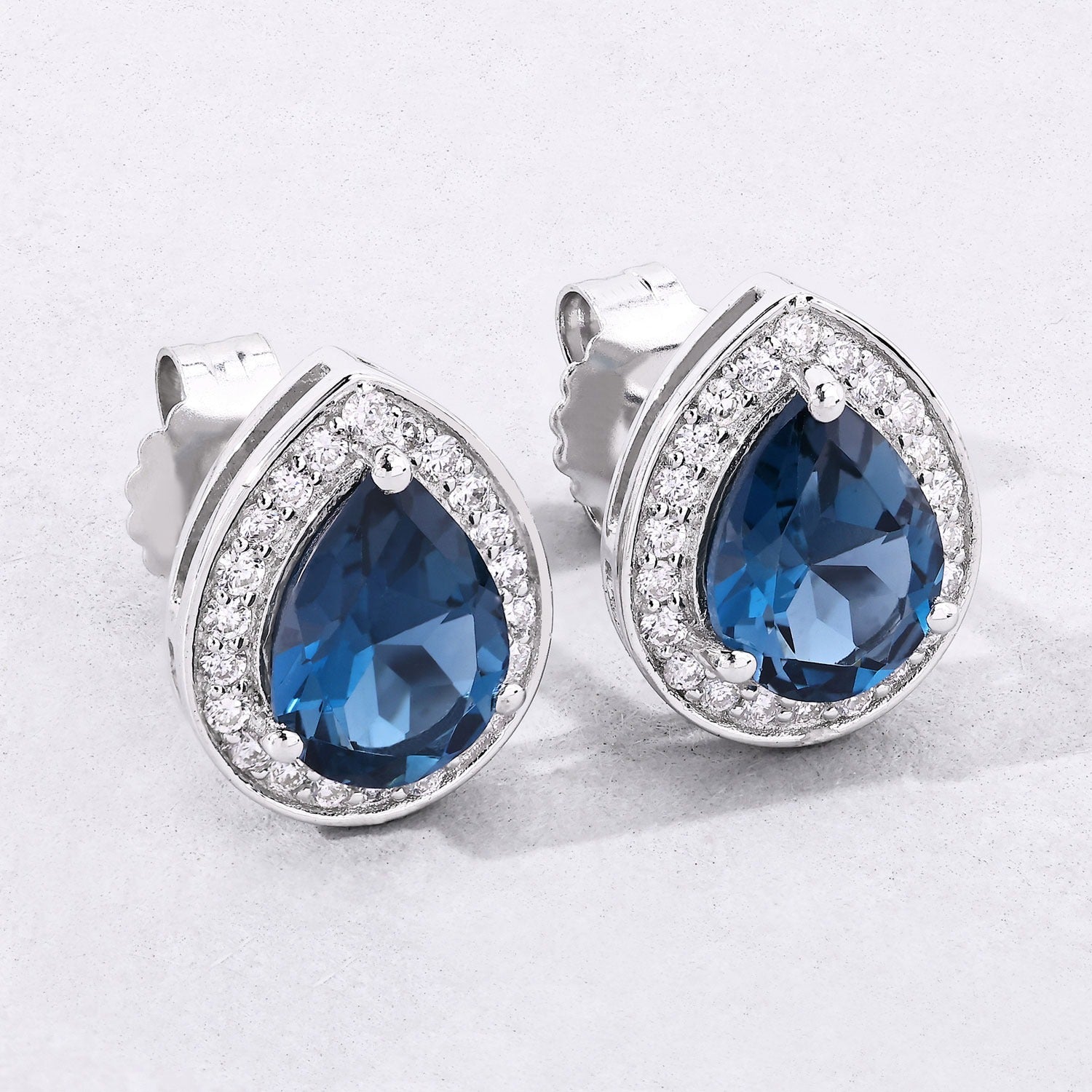 Genuine London Blue Topaz and Lab Diamond Silver Earrings