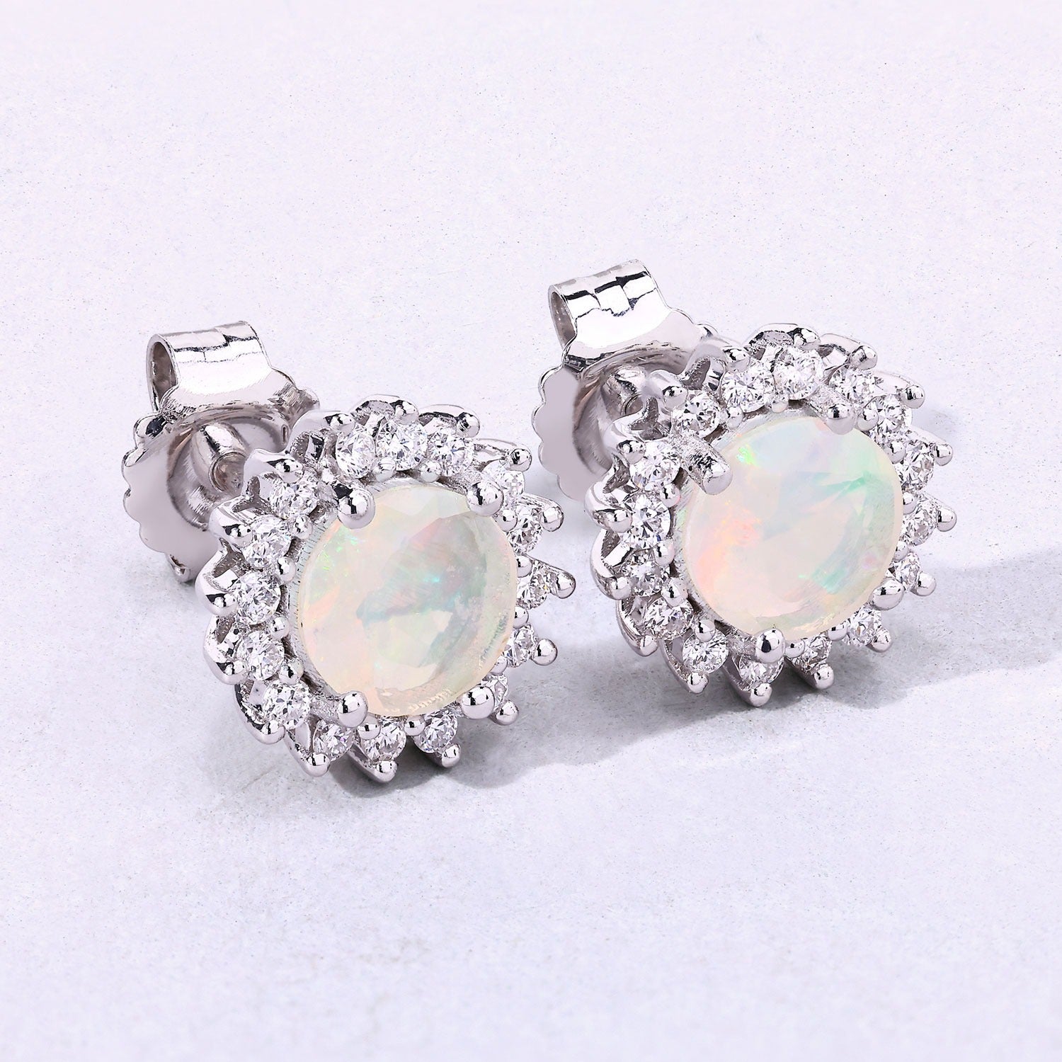 Genuine Ethiopian Opal and Diamond Silver Earrings