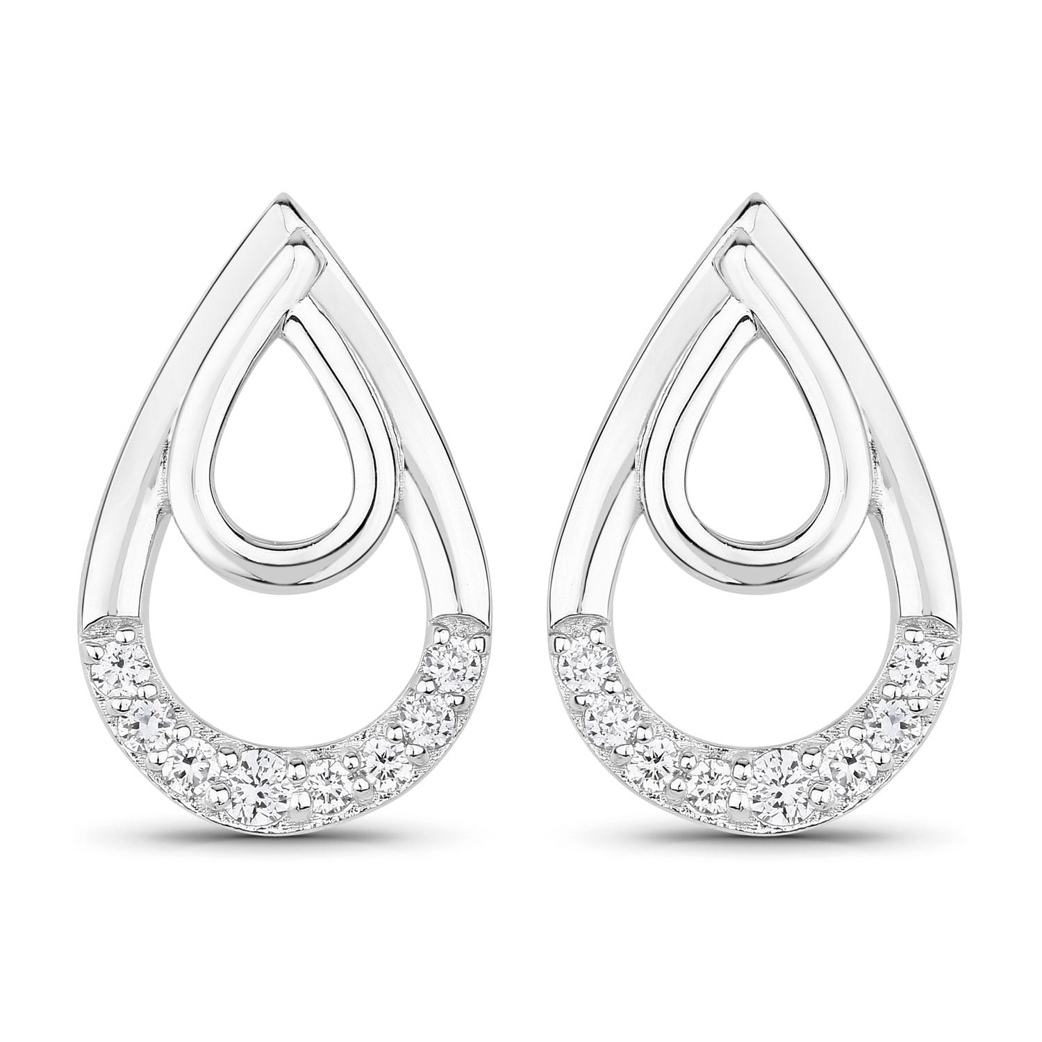 0.33 Cttw Round White Lab Diamond Pavé Rhodium Plated Silver Double Teardrop Stud Earrings