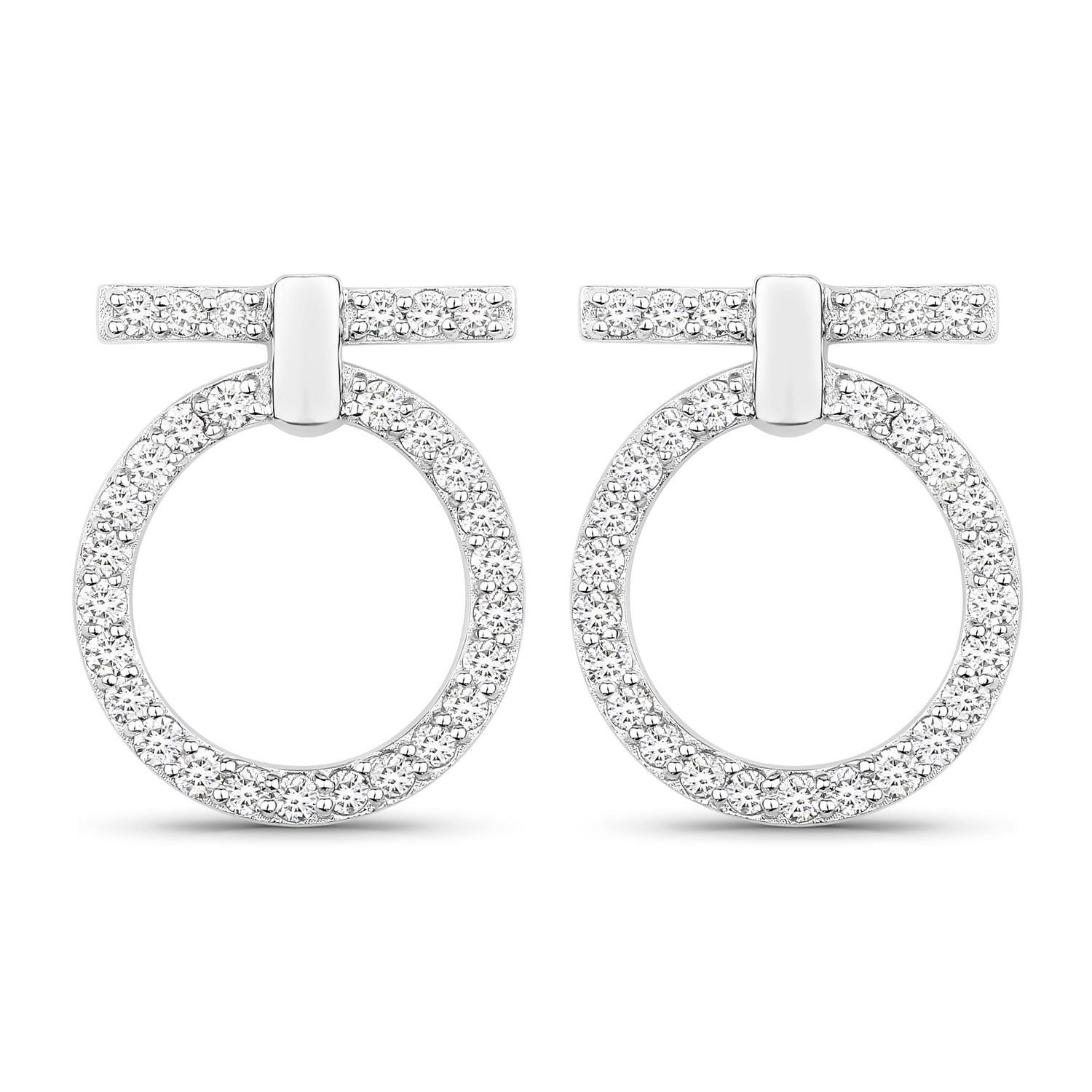 1.01 Cttw Round White Lab Diamond Pavé Rhodium Plated Silver T-Bar Open Circle Drop Earrings