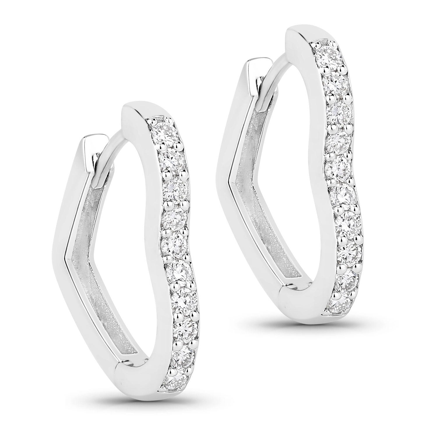 0.50 Cttw Round White Lab Diamond Prong Rhodium Plated Silver Heart Huggie Hoop Earrings