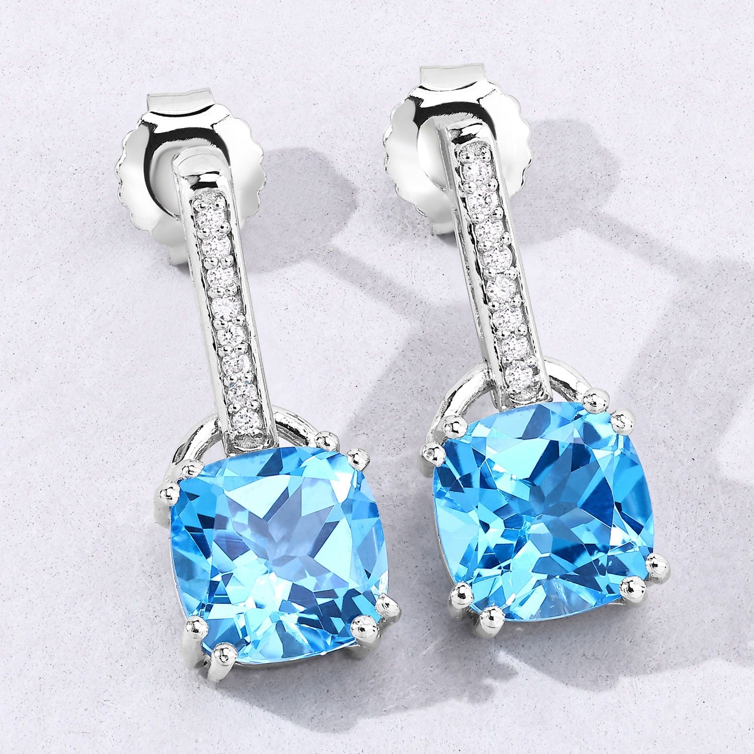 Genuine Swiss Blue Topaz and Lab Diamond Silver Earrings