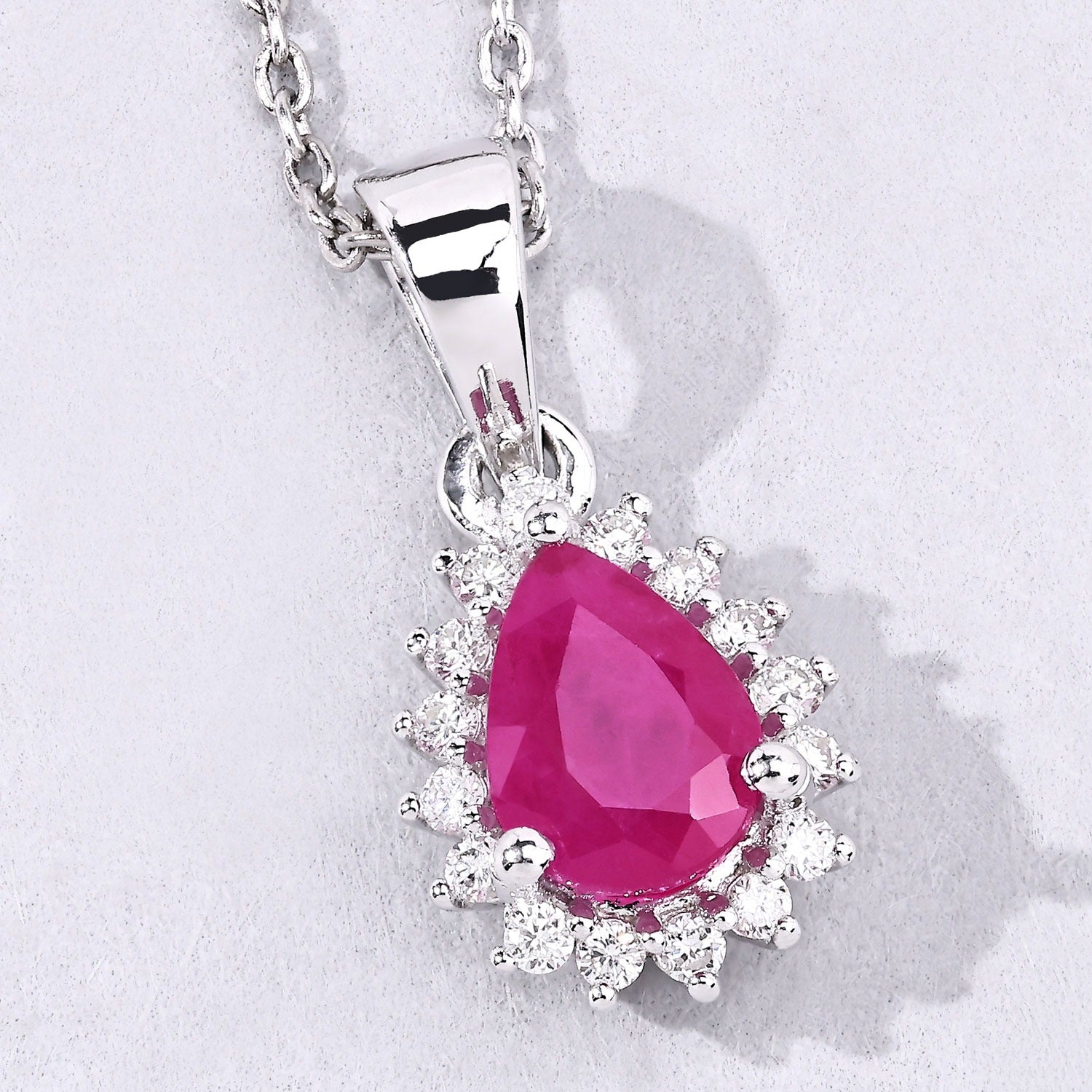 Genuine Pink Ruby and Lab Diamond 925 Silver Halo Necklace Fine Color Jewels