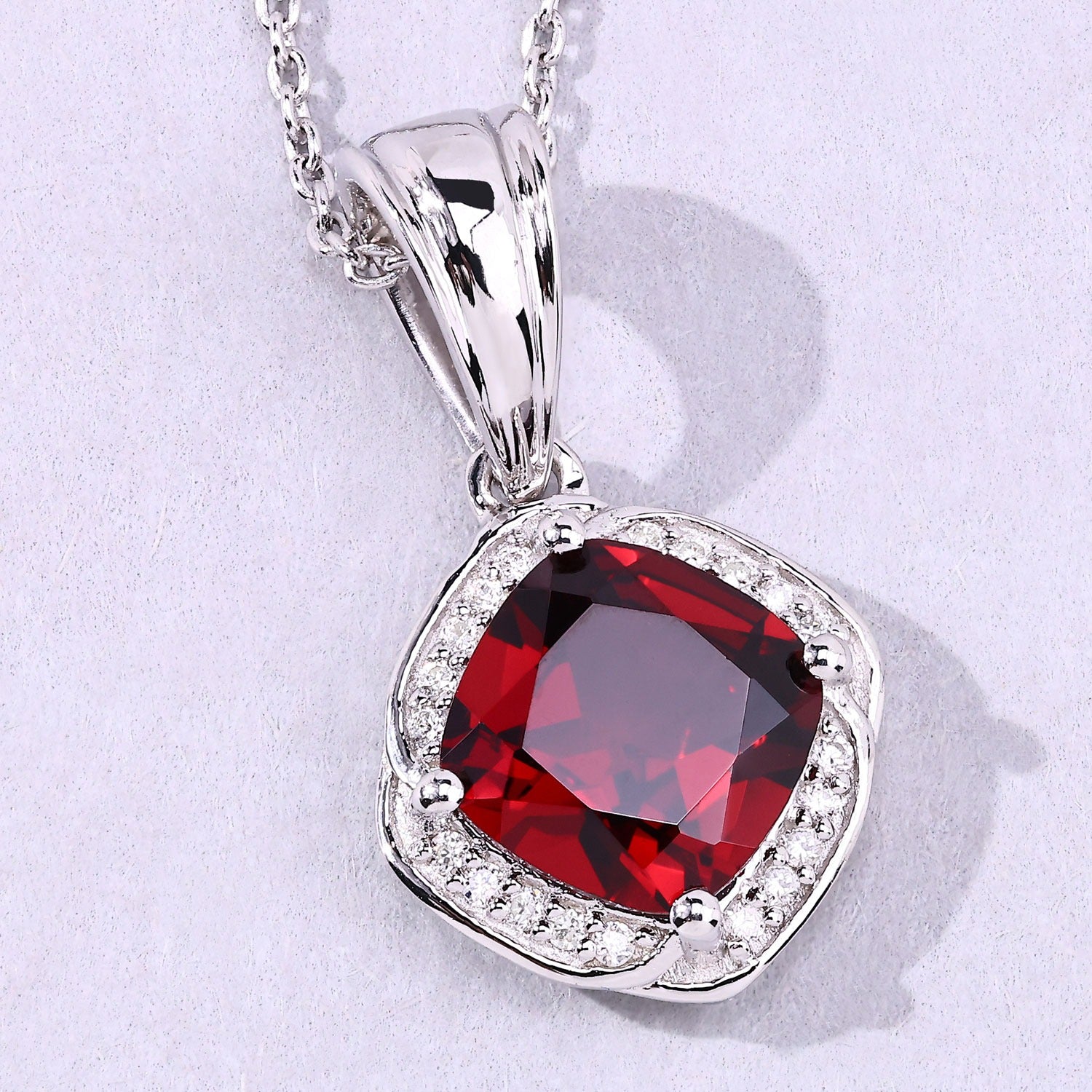Genuine Red Garnet and Lab Diamond 925 Silver Necklace Fine Color Jewels