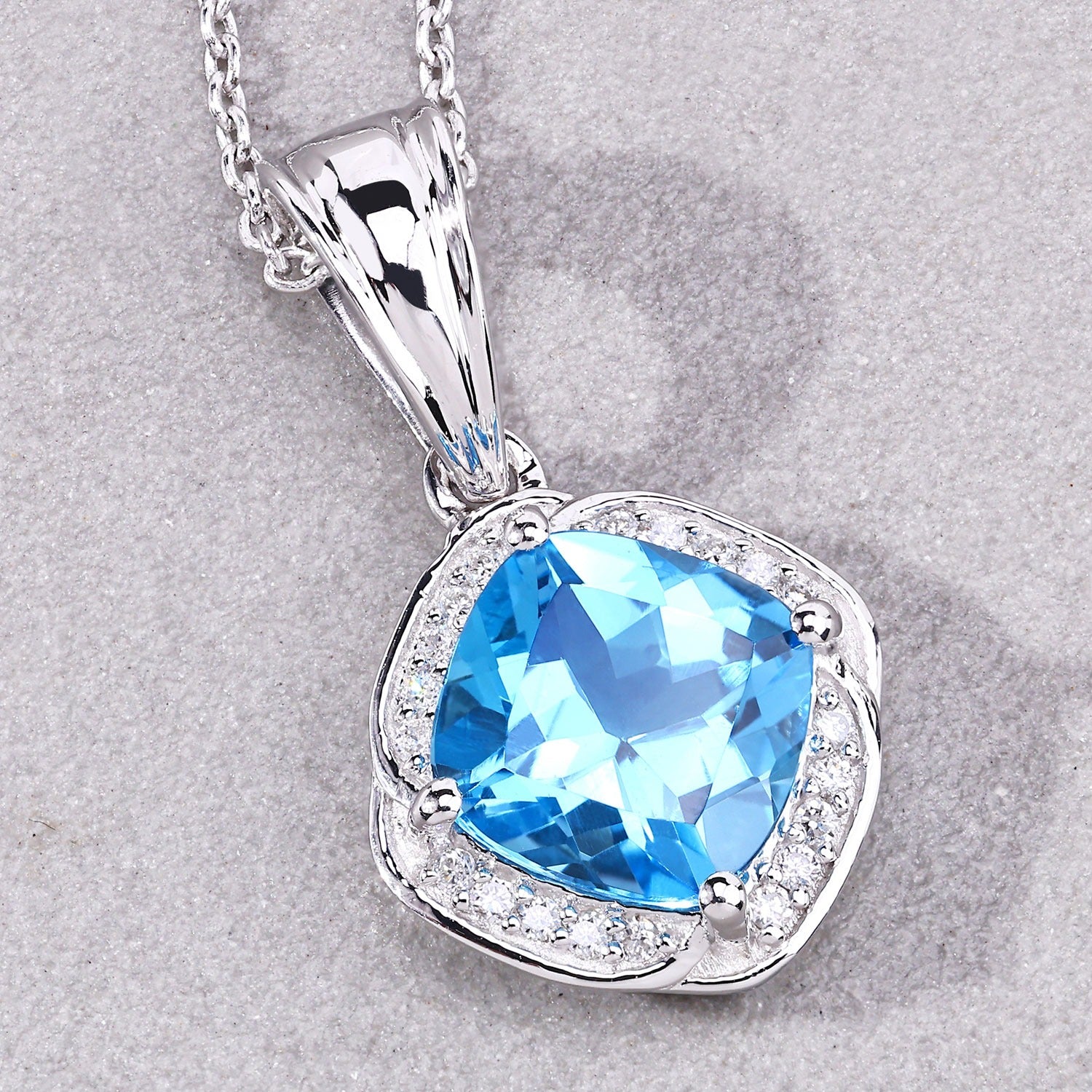 Genuine Swiss Blue Topaz and Lab Diamond 925 Silver Necklace Fine Color Jewels