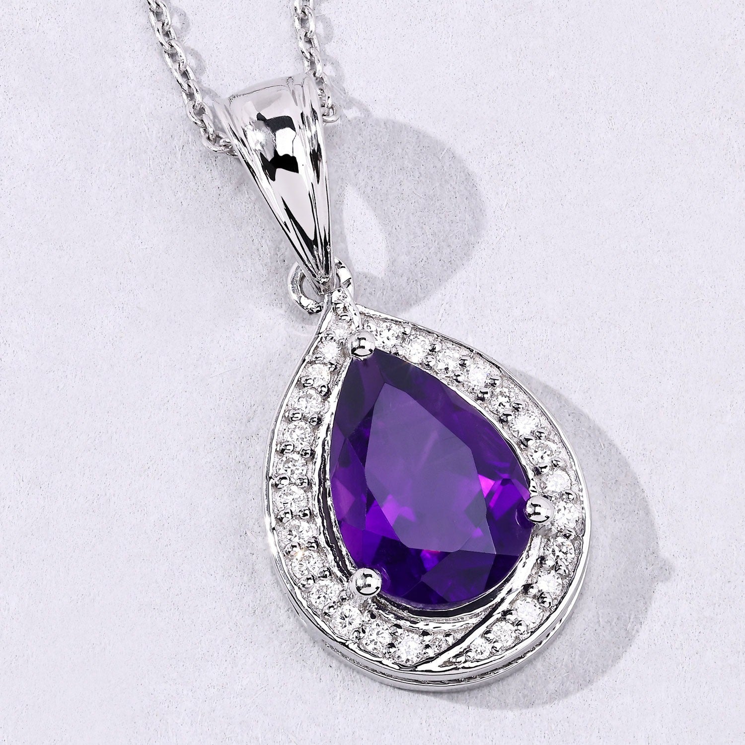 Genuine Amethyst and Lab Grown Diamond 925 Silver Necklace Fine Color Jewels