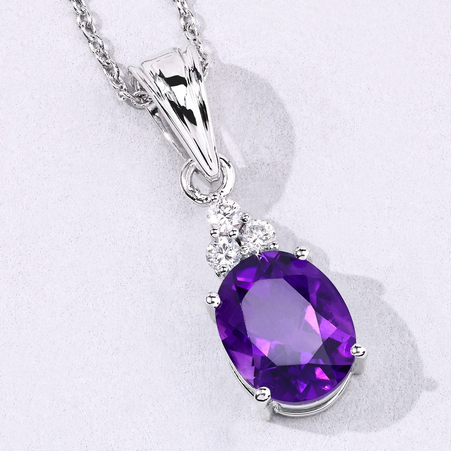 2.32 Ct Genuine Amethyst and Lab Grown Diamond Silver Oval Necklace