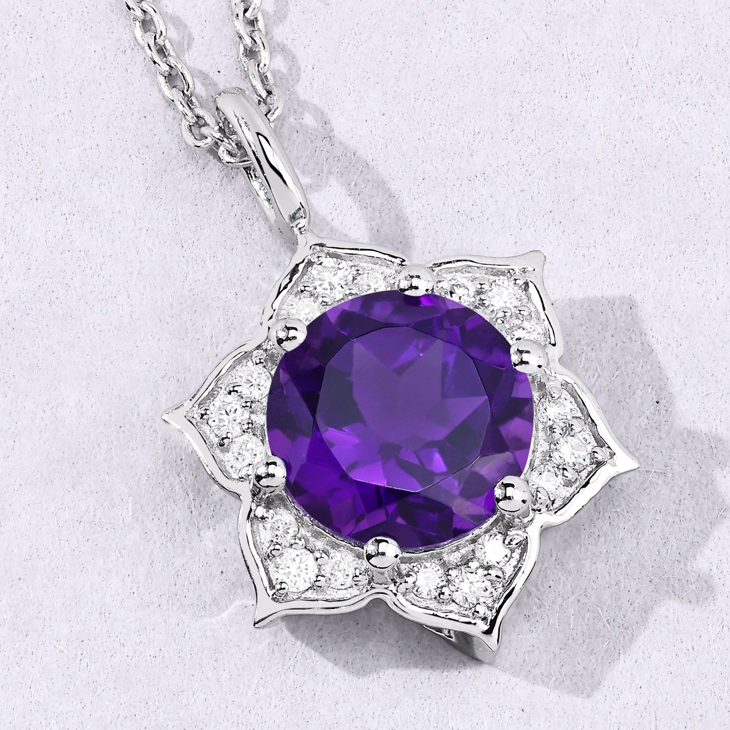 1.93 Ct Genuine Amethyst and Lab Diamond Silver Star Necklace