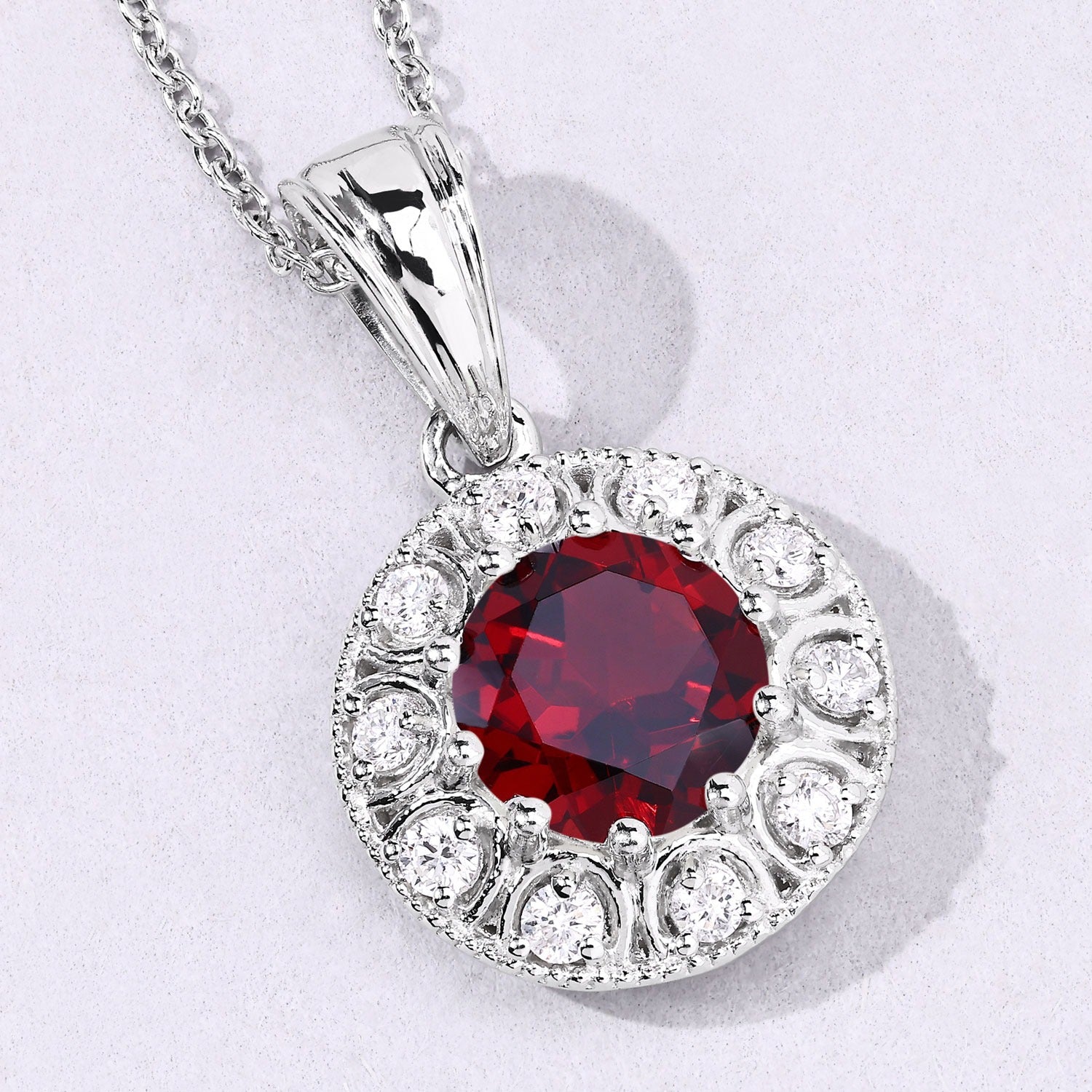 2.60 Ct Genuine Mozambique Garnet and Lab Diamond Silver Halo Necklace