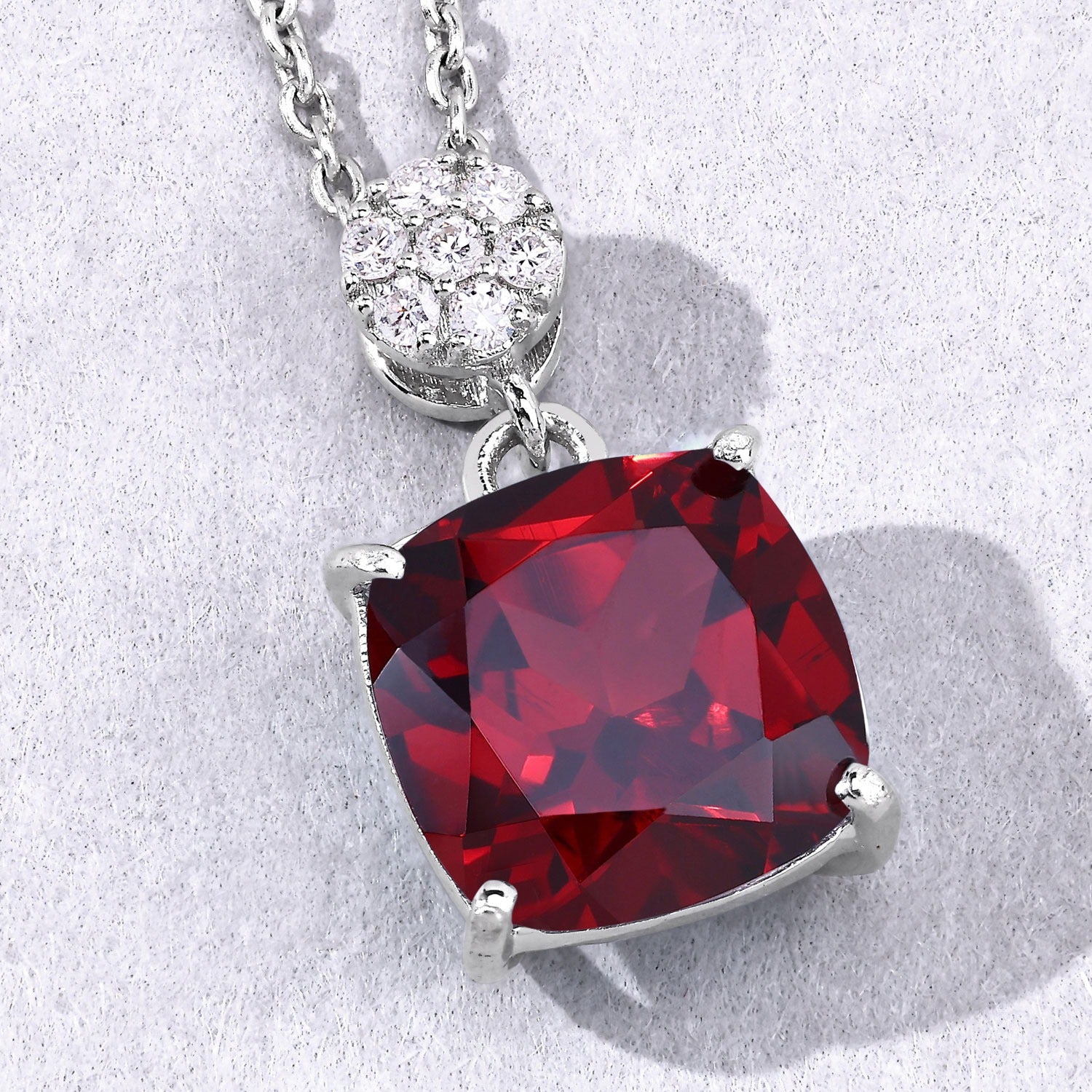 3.57 Ct Genuine Mozambique Garnet and Lab Diamond Silver Cushion Necklace