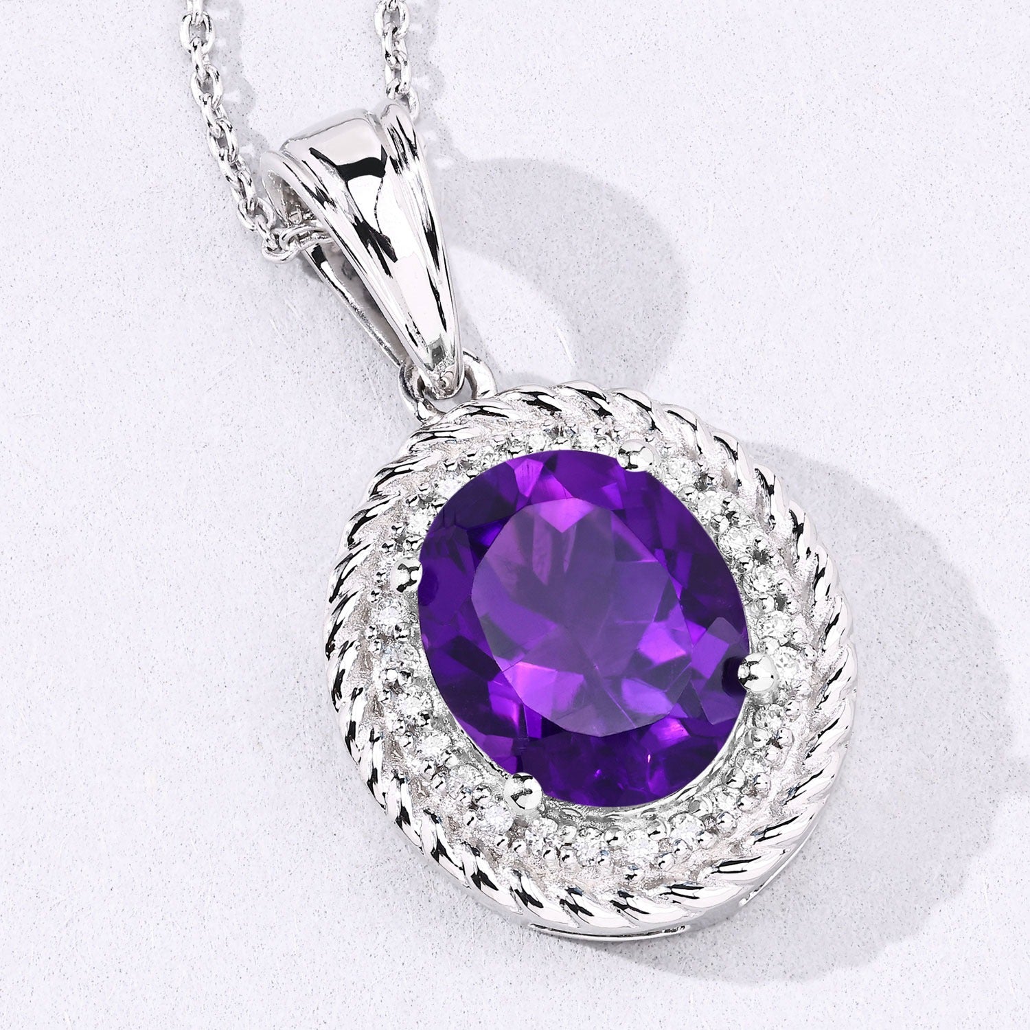 3.36 C Genuine Amethyst and Lab Diamond Silver Oval Necklace