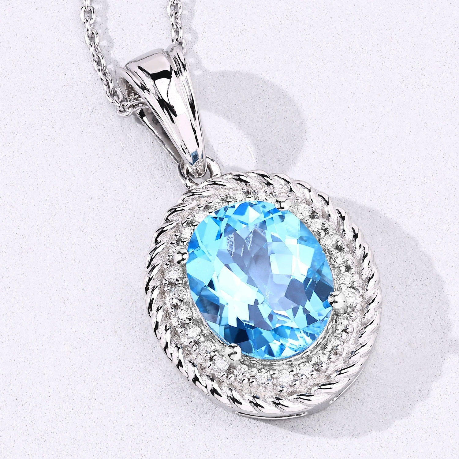 4.16 Ct Genuine Swiss Blue Topaz and Lab Diamond Silver Oval Necklace