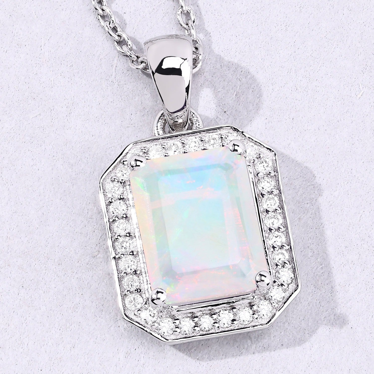 1.39 Ct Genuine Ethiopian Opal and Lab Diamond Silver Halo Necklace