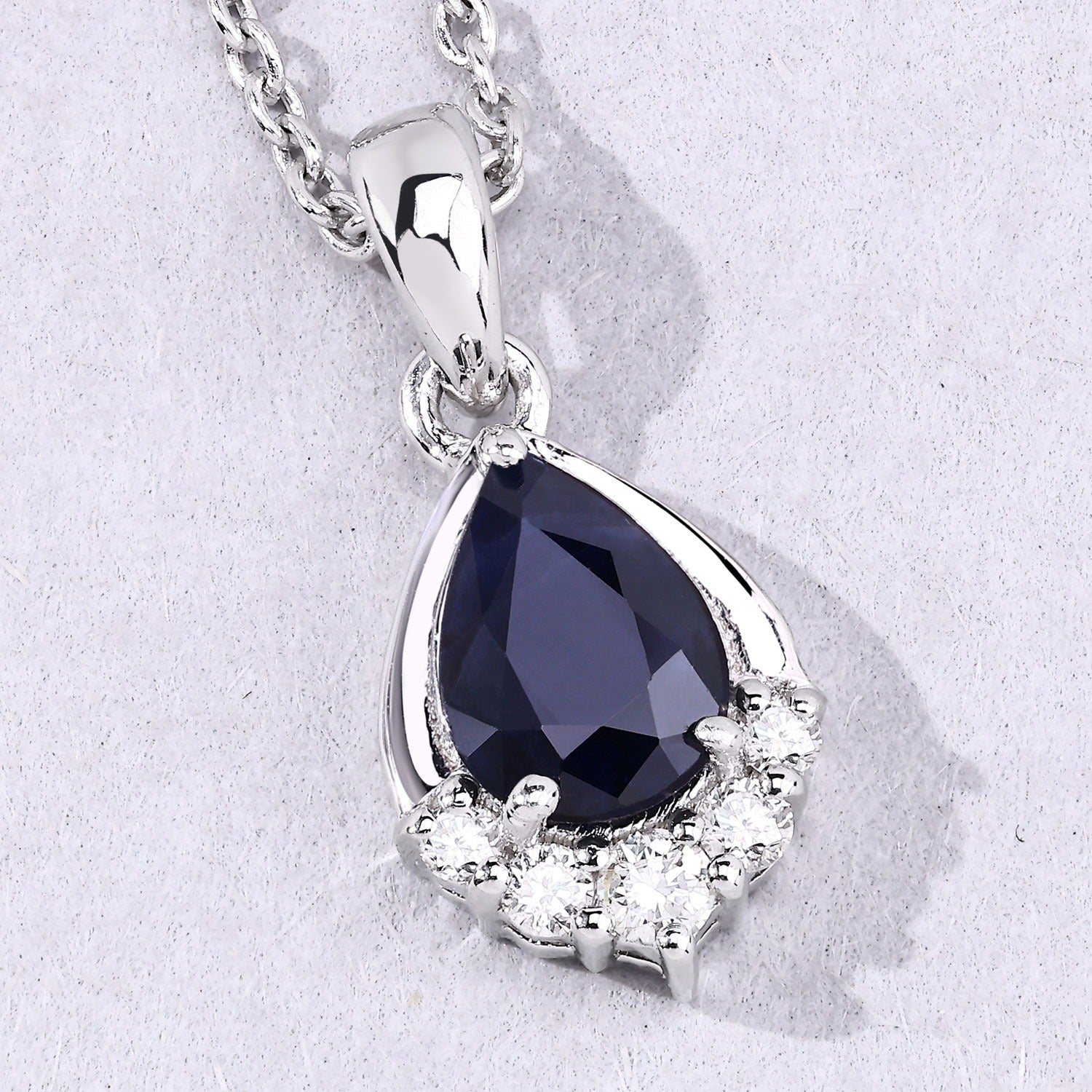 0.97 Carat Genuine Pear Shaped Blue Sapphire and Lab Grown Diamond Silver Necklace