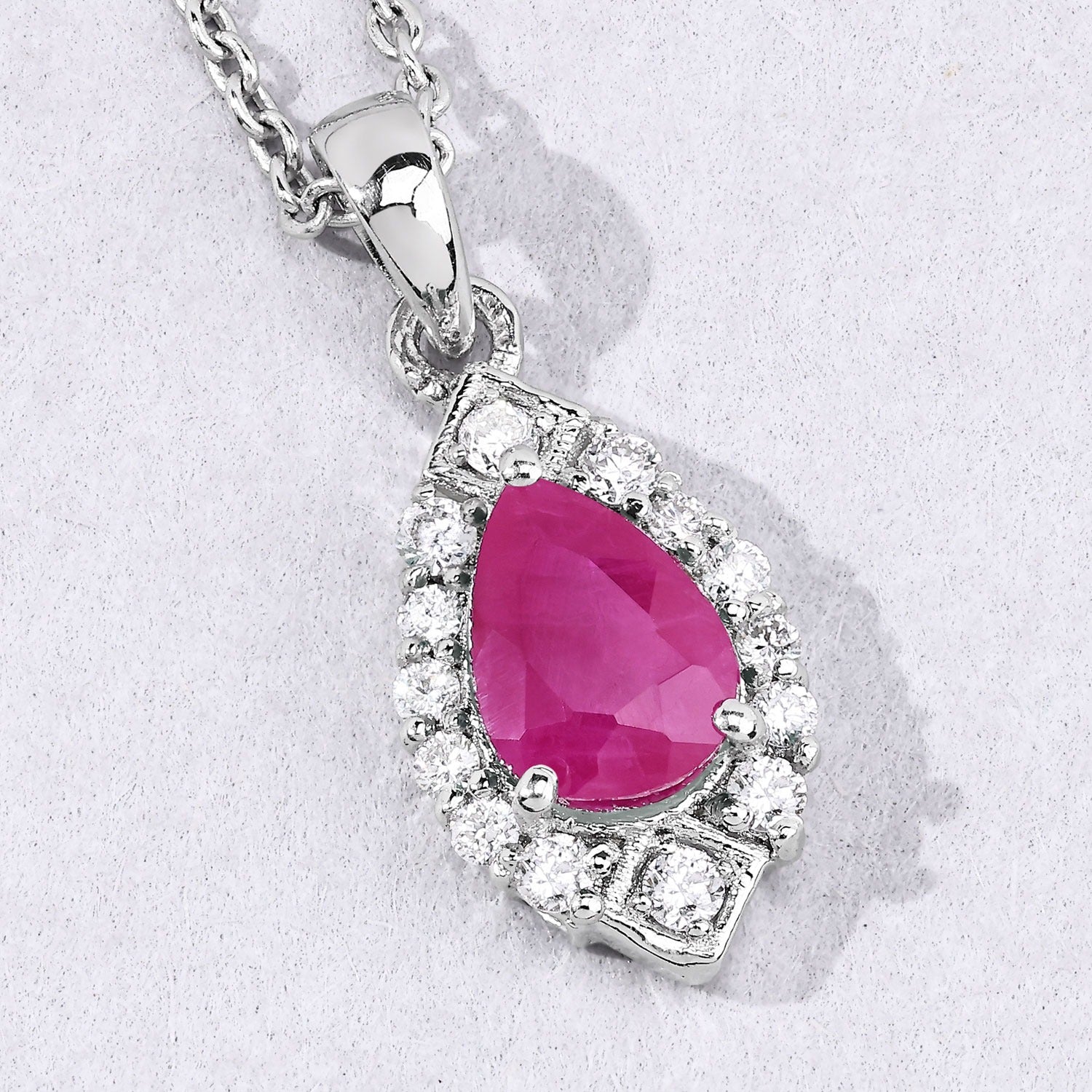 0.97 Ct Genuine Mozambique Ruby and Lab Diamond Silver Teardrop Necklace