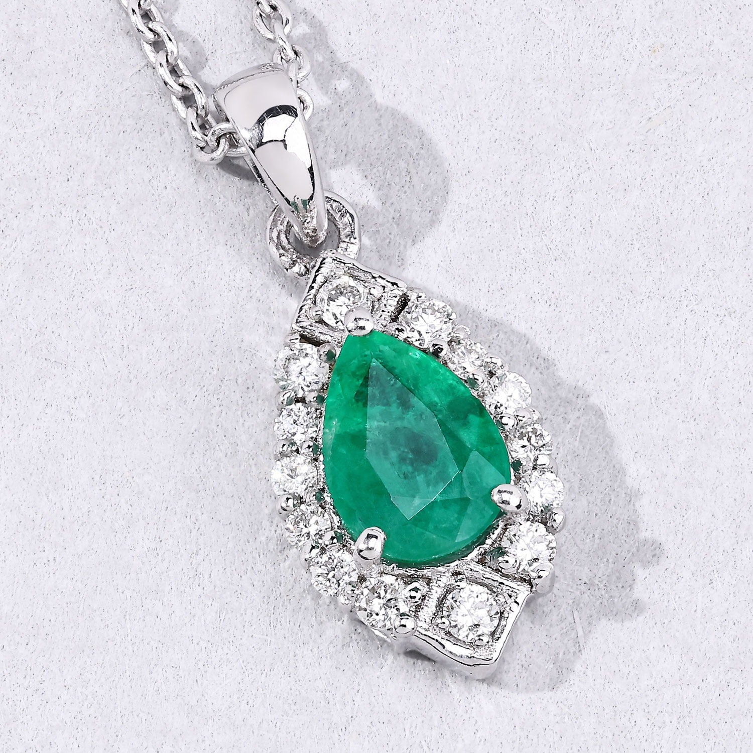 0.82 Ct Genuine Zambian Emerald and Lab Diamond Silver Teardrop Necklace