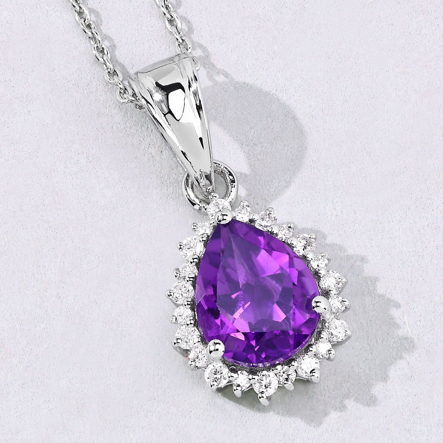 2.35 Ct Genuine Amethyst and Lab Grown Diamond Silver Halo Necklace
