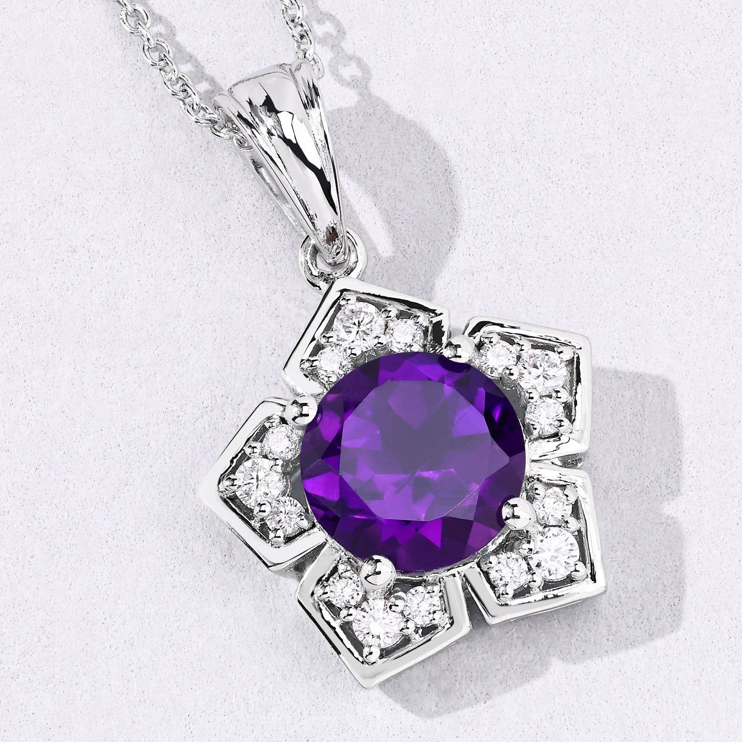 2.73 Ct Genuine Amethyst and Lab Diamond Silver Floral Necklace