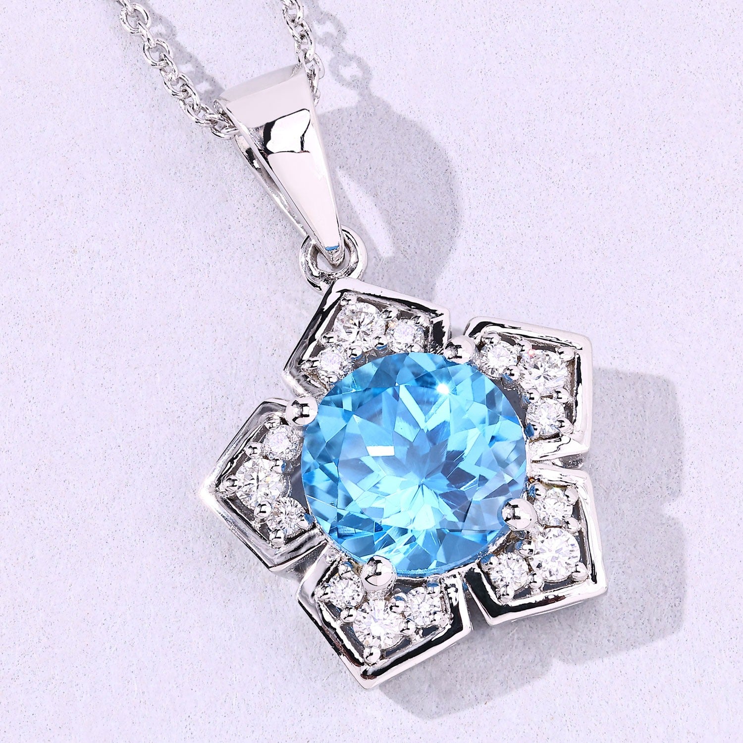 4.08 Ct Genuine Swiss Blue Topaz and Lab Grown Diamond Silver Floral Necklace