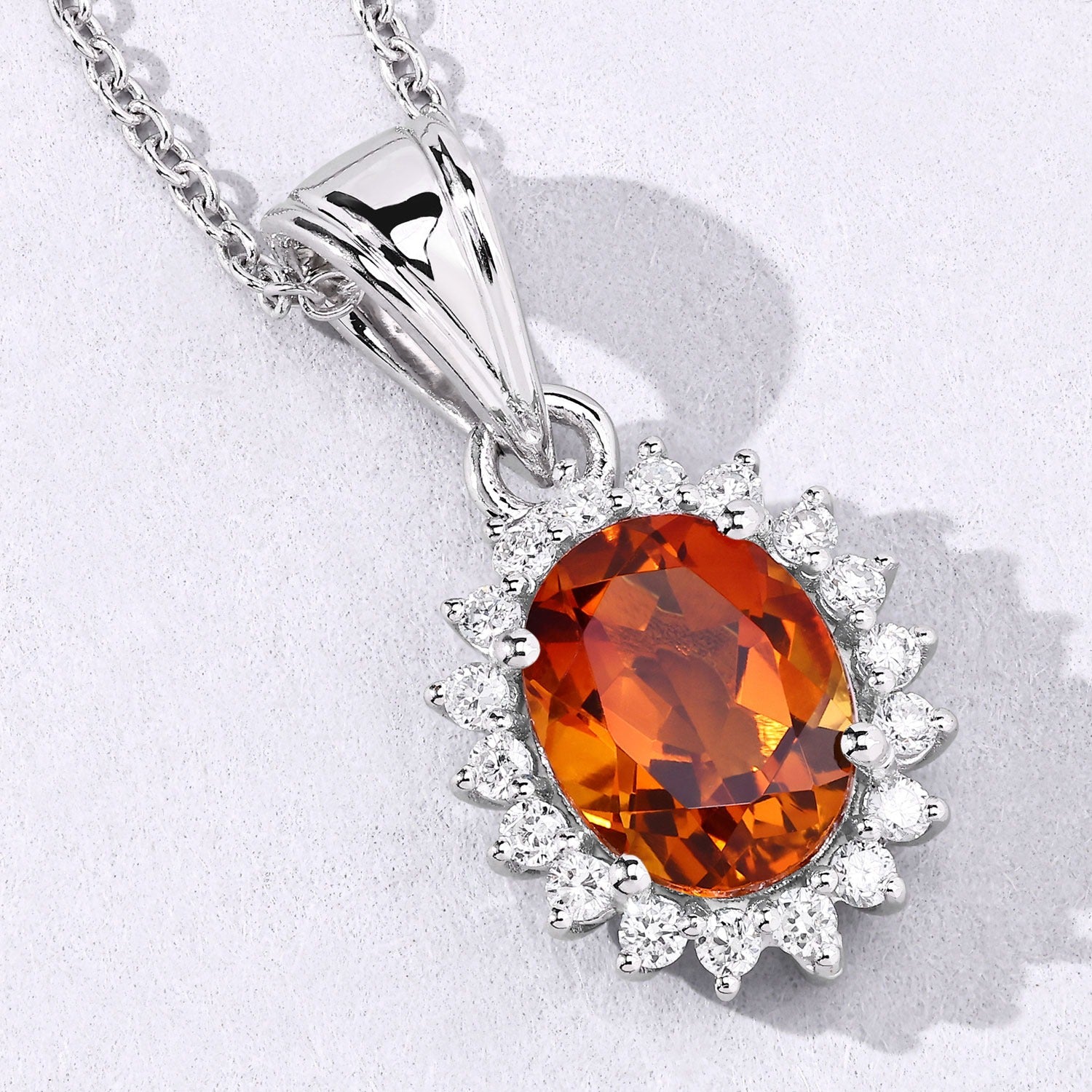 1.97 Ct Genuine Madeira Citrine and Lab Grown Diamond Silver Halo Necklace