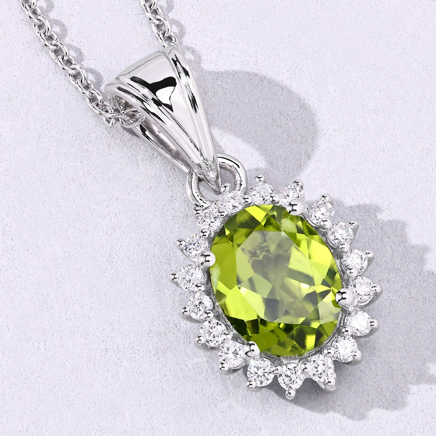 1.97 Carat Genuine Green Peridot and Lab Diamond Silver Halo Necklace