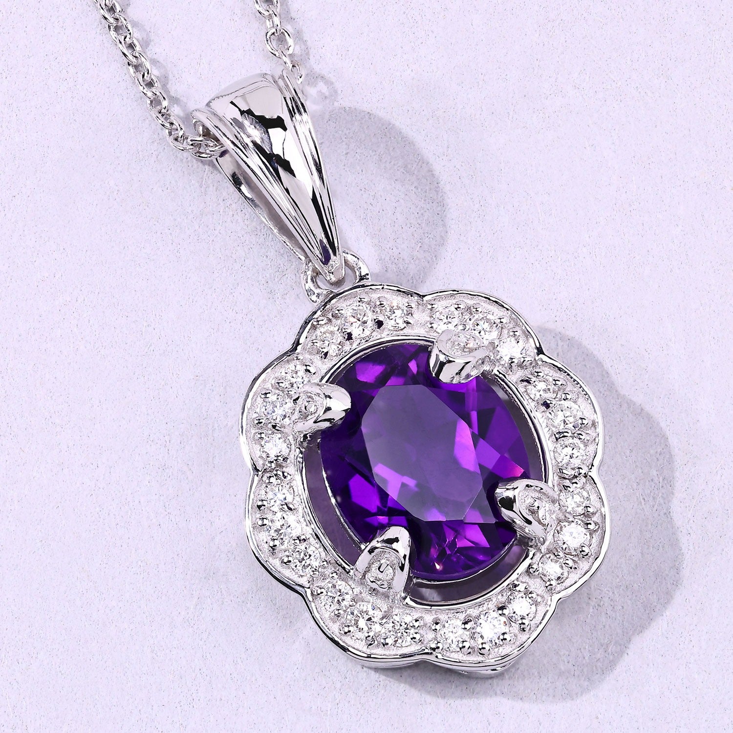 2.52 Ct Genuine Amethyst and Lab Diamond Silver Halo Necklace