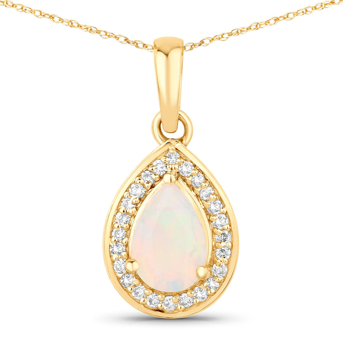 0.31 Cttw Pear White Ethiopian Opal White Diamond 14K Yellow Gold Teardrop Halo Pendant