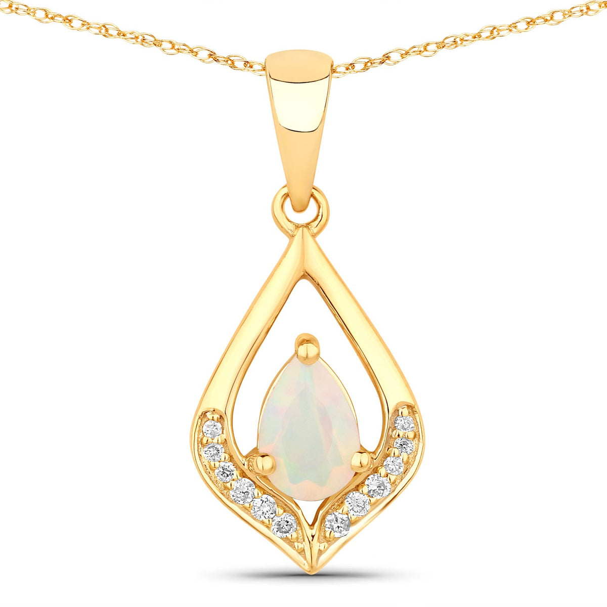0.29 Cttw Pear White Ethiopian Opal White Natural Diamond 14K Yellow Gold Teardrop Pendant