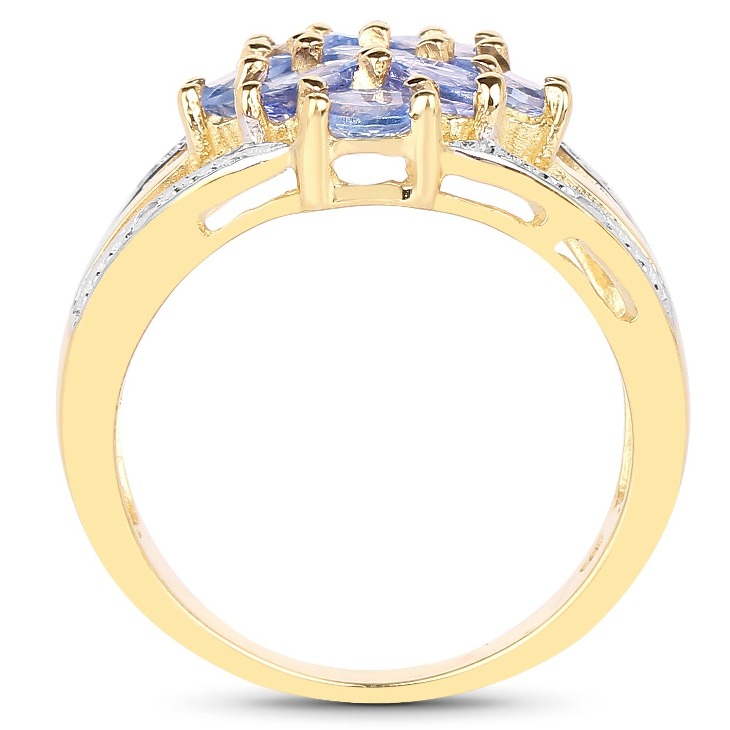 1.59 Ct Oval Violet Tanzanite Prong 14K Yellow Gold Plated Silver Cluster Split Shank Ring