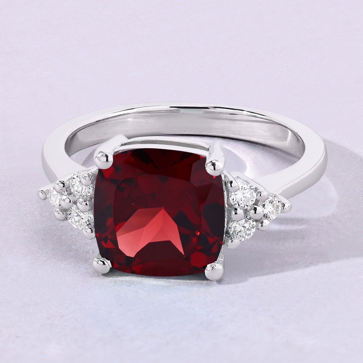 3.71 Ct Genuine Mozambique Garnet and Lab Diamond Silver Cushion Cocktail Ring Fine Color Jewels