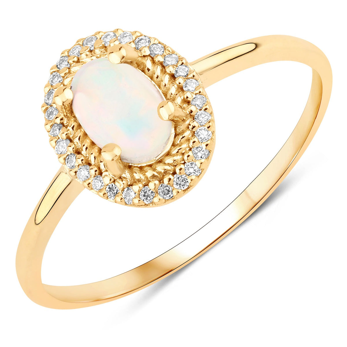0.35 Cttw Oval White Ethiopian Opal Diamond 14K Yellow Gold Halo Ring