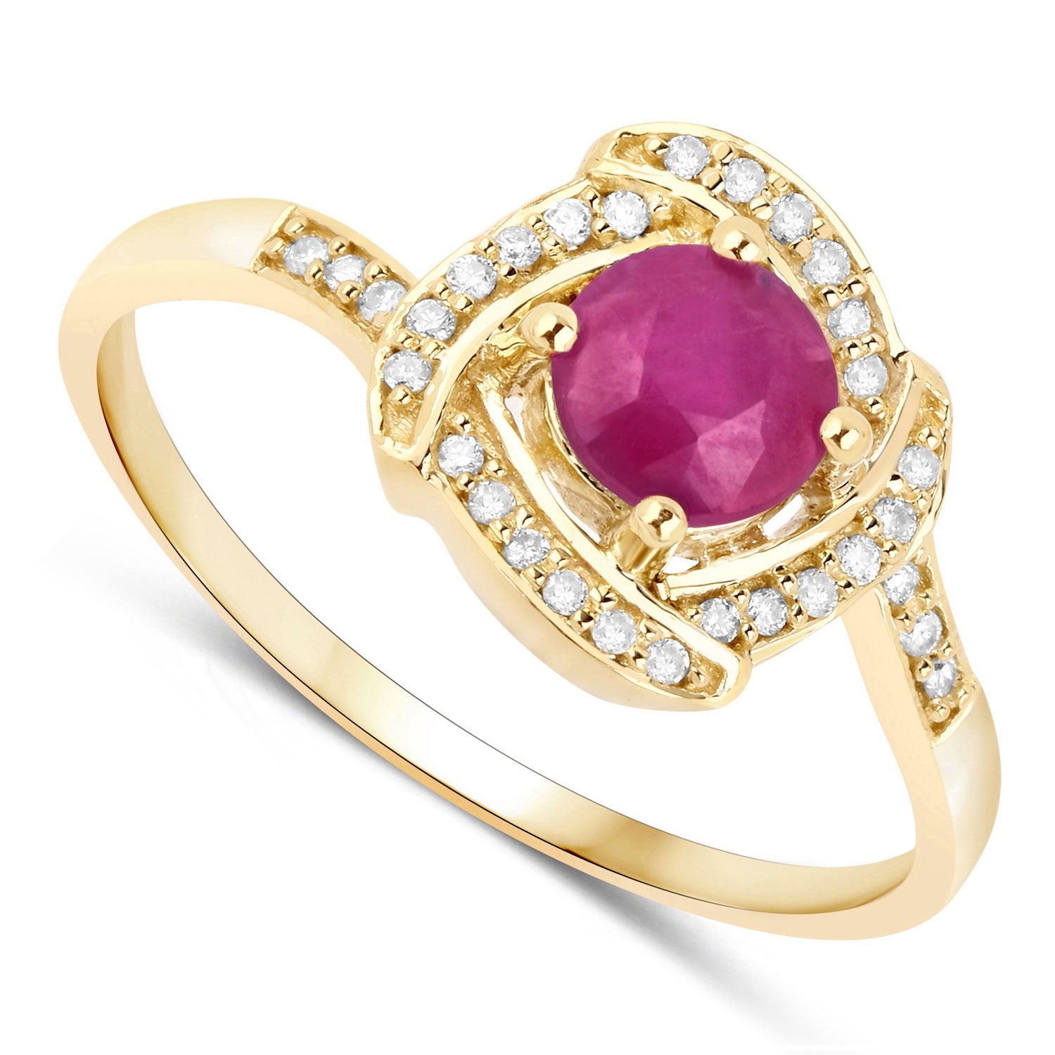 0.63 Ct Round Cut Pink Ruby and White Diamond 14K Yellow Gold Halo Bypass Ring