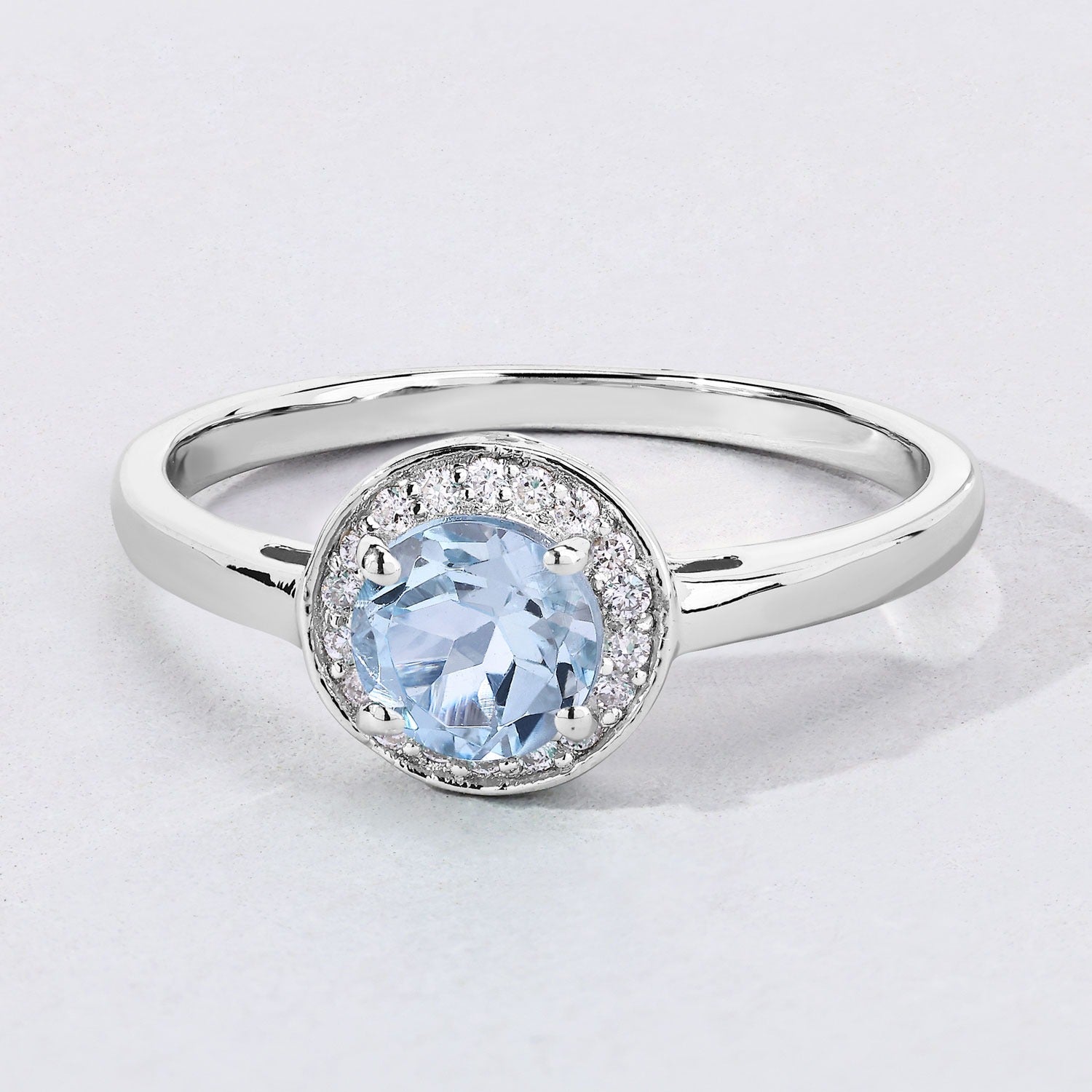 0.47 Ct Genuine Aquamarine and Lab Grown Diamond Silver Halo Ring Fine Color Jewels