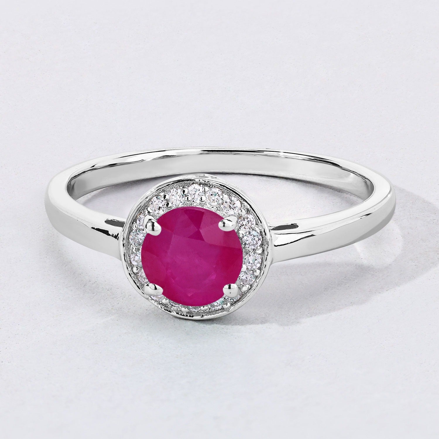 0.64 Ct Genuine Mozambique Ruby and Lab Grown Diamond Silver Halo Ring Fine Color Jewels