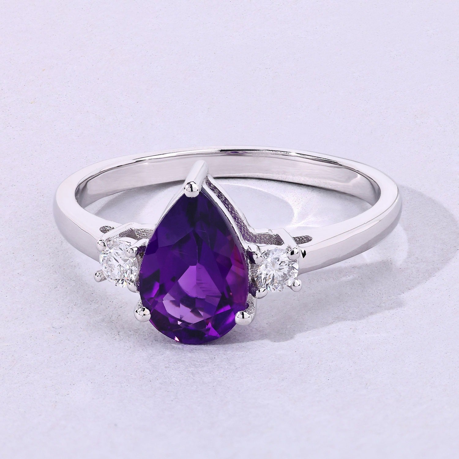 1.27 Carat Genuine Pear Shaped Purple Amethyst and Lab Diamond Silver 3 Stone Ring Fine Color Jewels