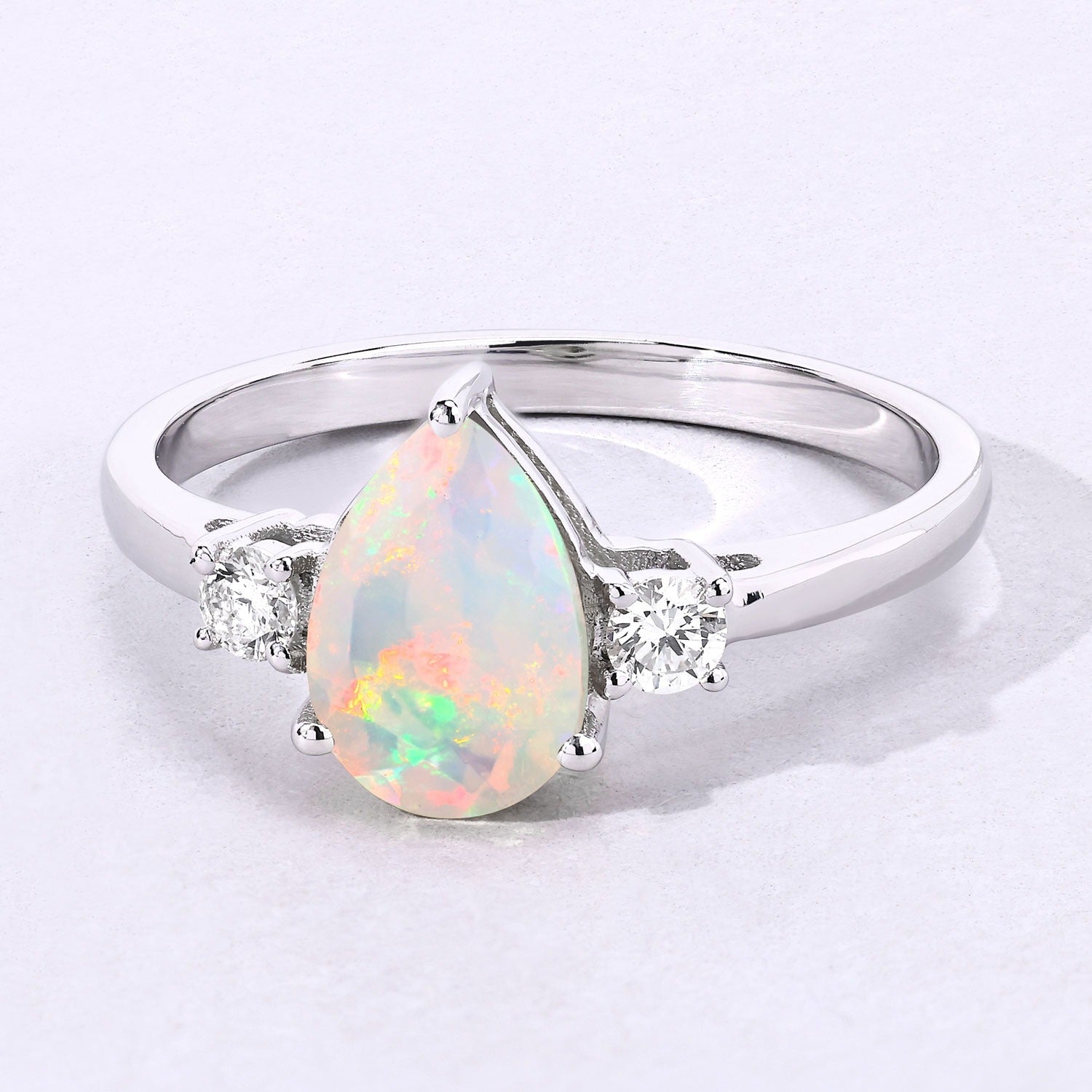 1.02 Ct Genuine Pear Shaped Ethiopian Opal and Lab Diamond Silver 3 Stone Ring Fine Color Jewels