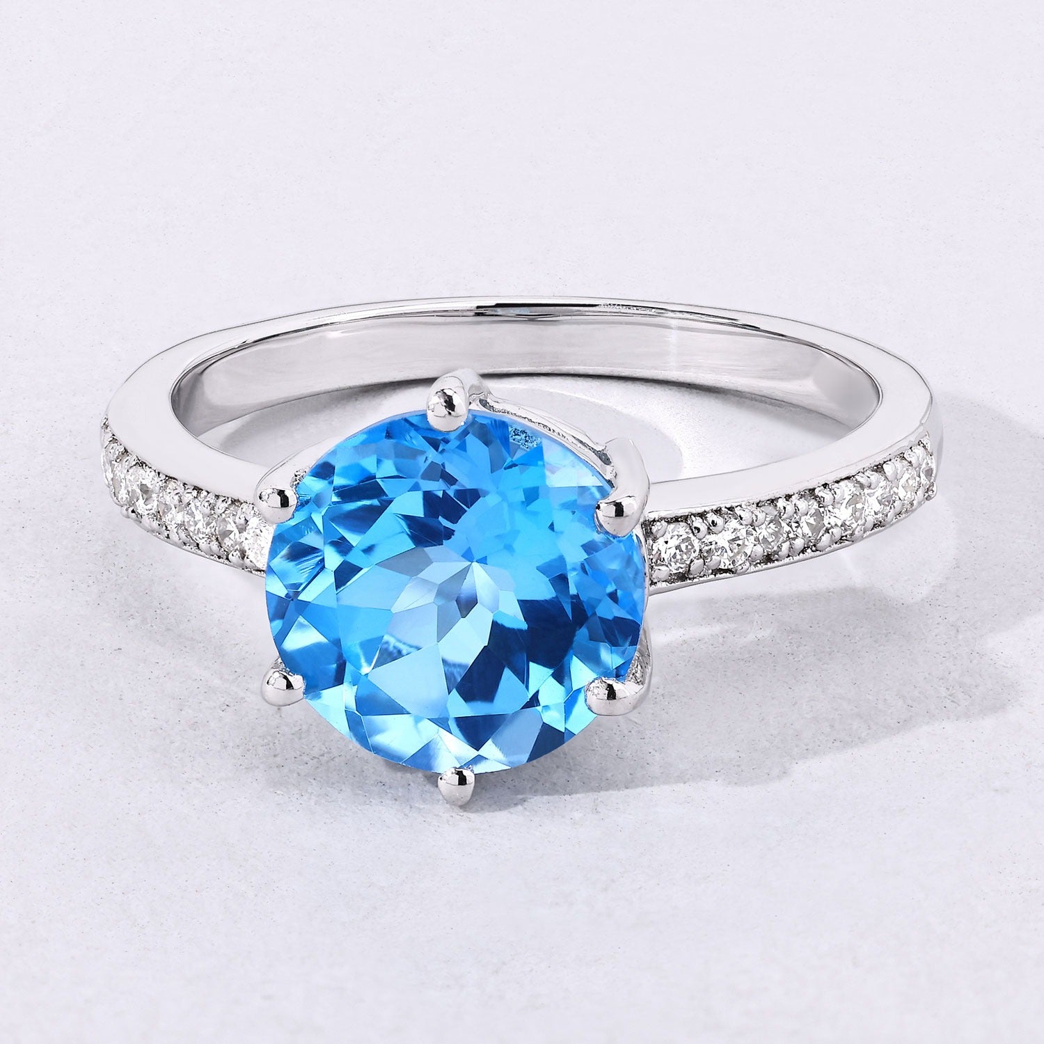 3.91 Ct Genuine Swiss Blue Topaz and Lab Diamond Silver Round Bridge Ring Fine Color Jewels