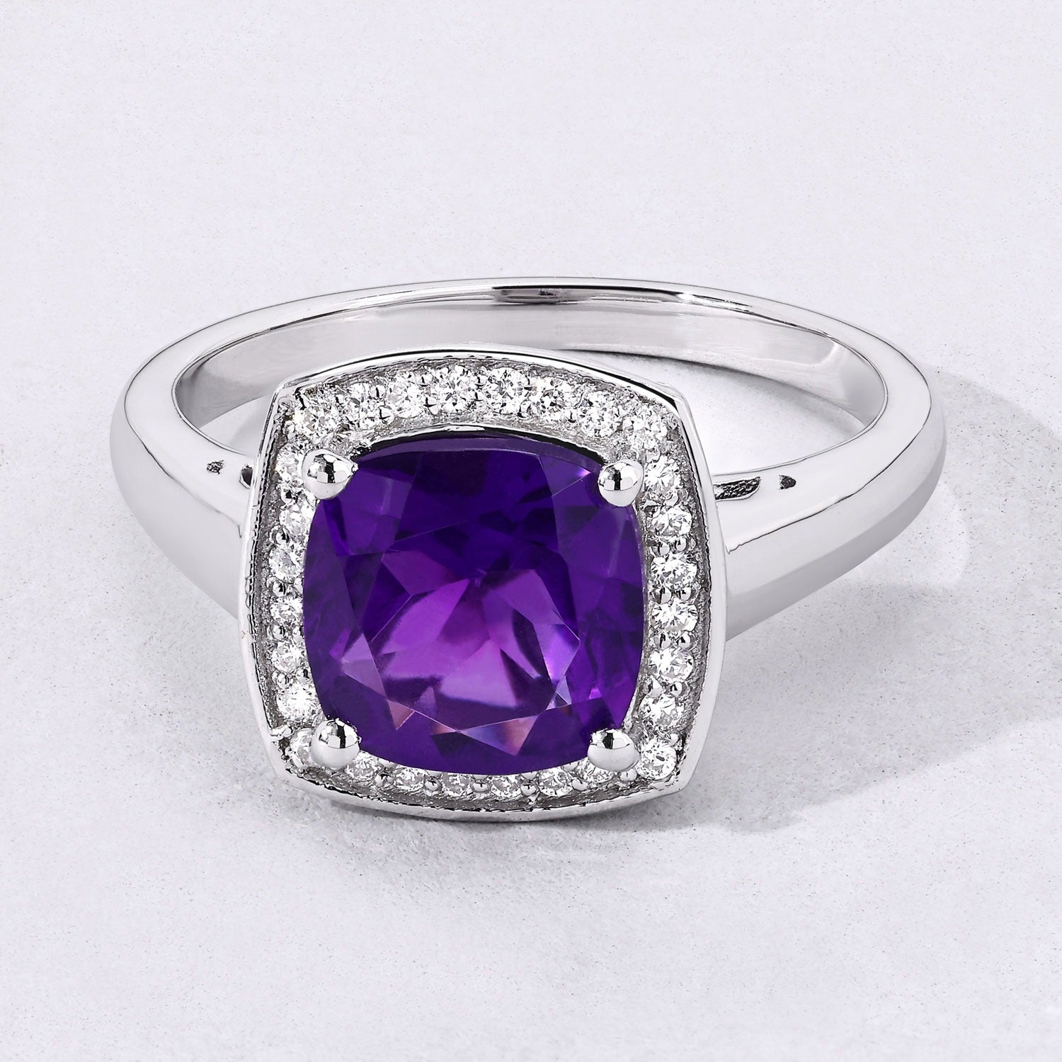 1.97 Ct Genuine Cushion Cut Amethyst and Lab Diamond Silver Halo Ring Fine Color Jewels