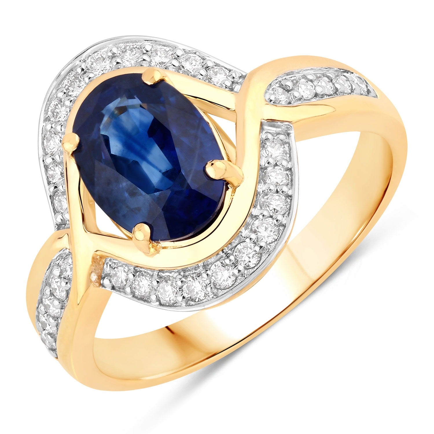 2.37 Ct Genuine Ceylon Blue Sapphire and Diamond 18K Yellow Gold Statement Ring
