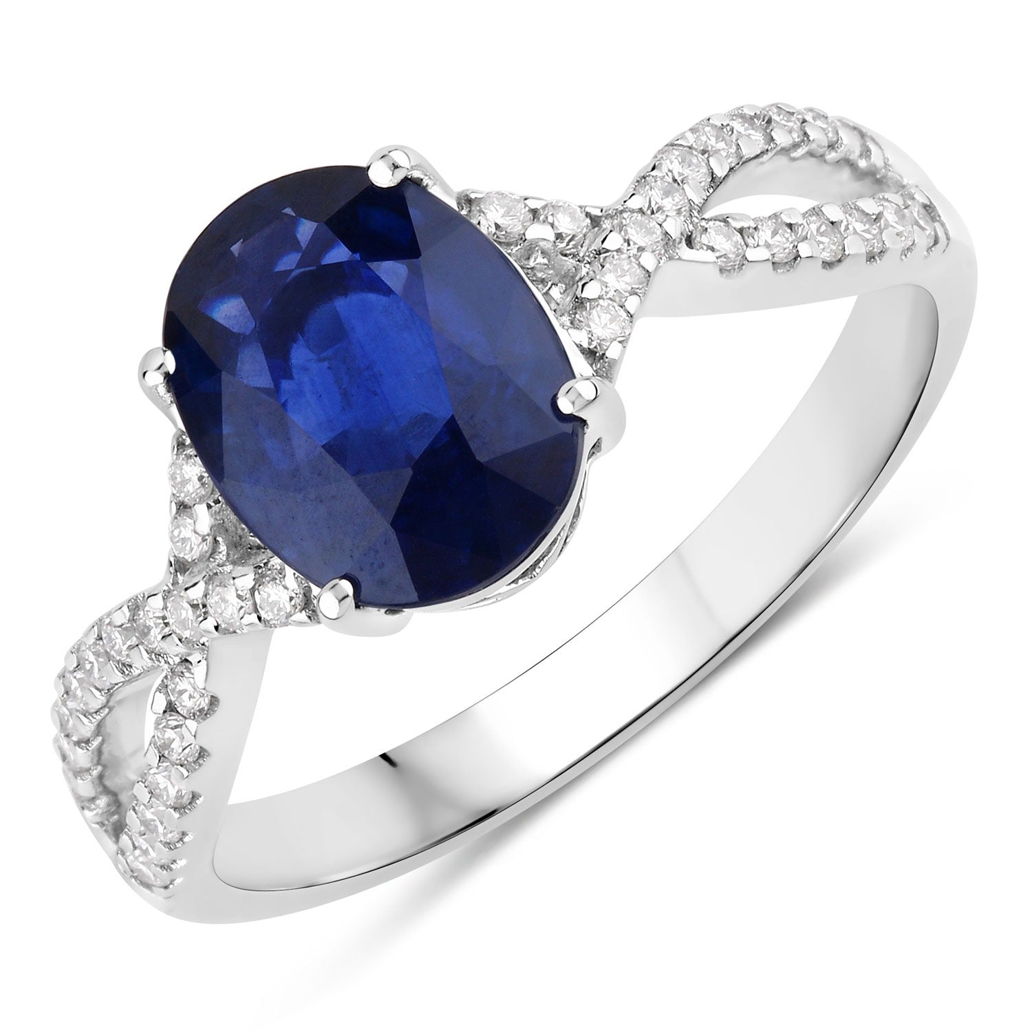 2.18 Ct Genuine Oval Ceylon Blue Sapphire Diamond 18K White Gold Crossover Ring