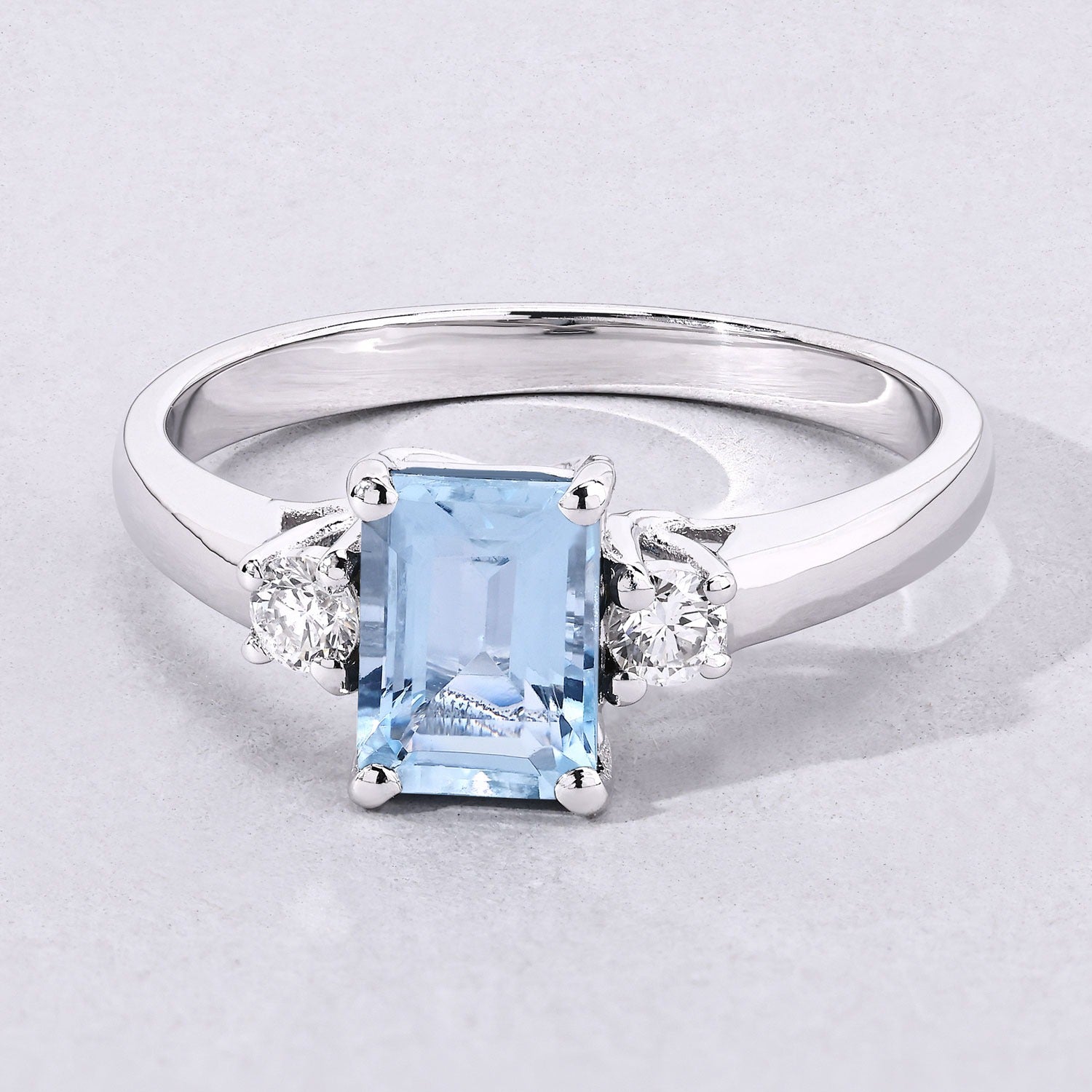 0.92 Ct Genuine Aquamarine and Lab Diamond Silver Octagon 3 Stone Ring Fine Color Jewels