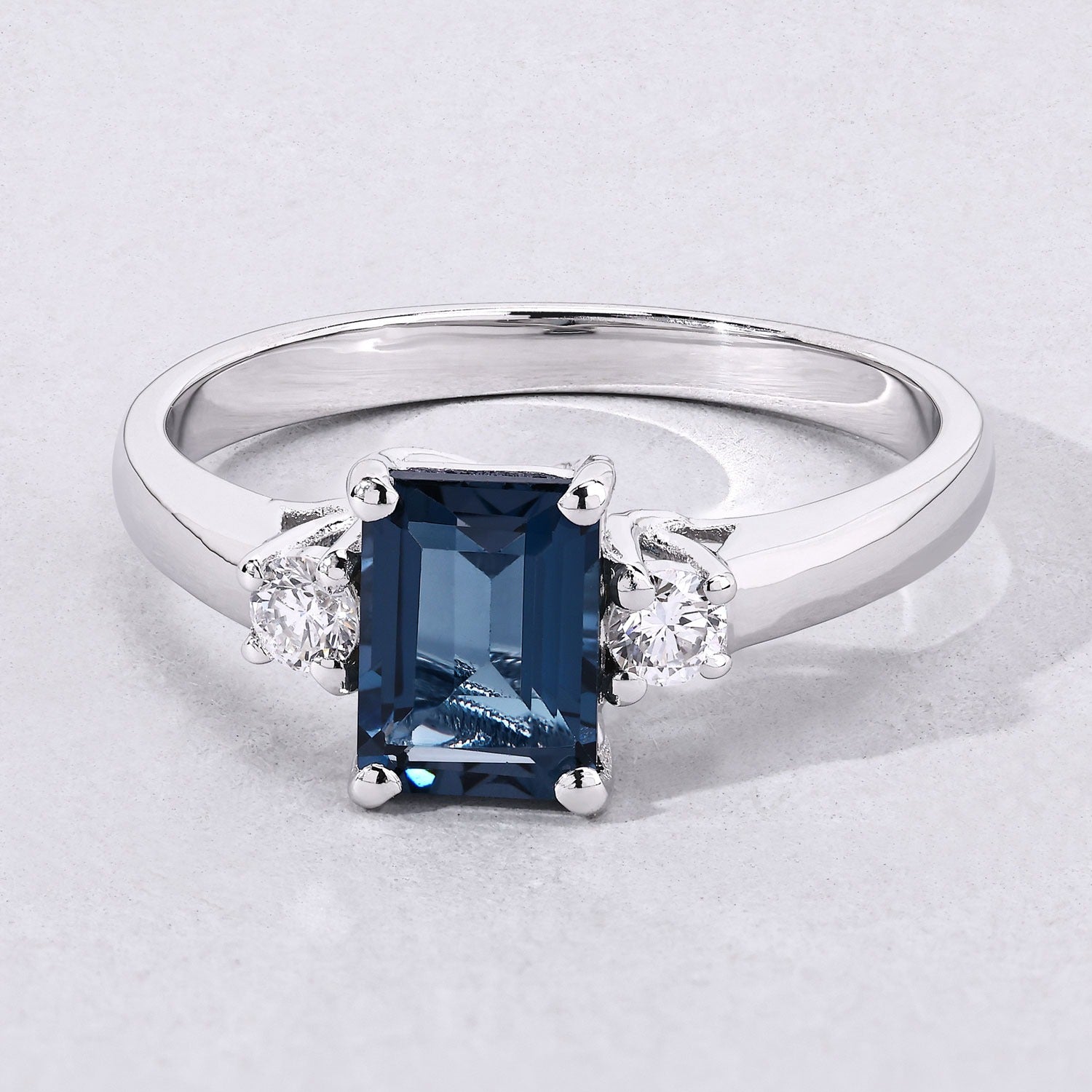 1.19 Ct Genuine London Blue Topaz and Lab Diamond Silver Octagon 3 Stone Ring Fine Color Jewels