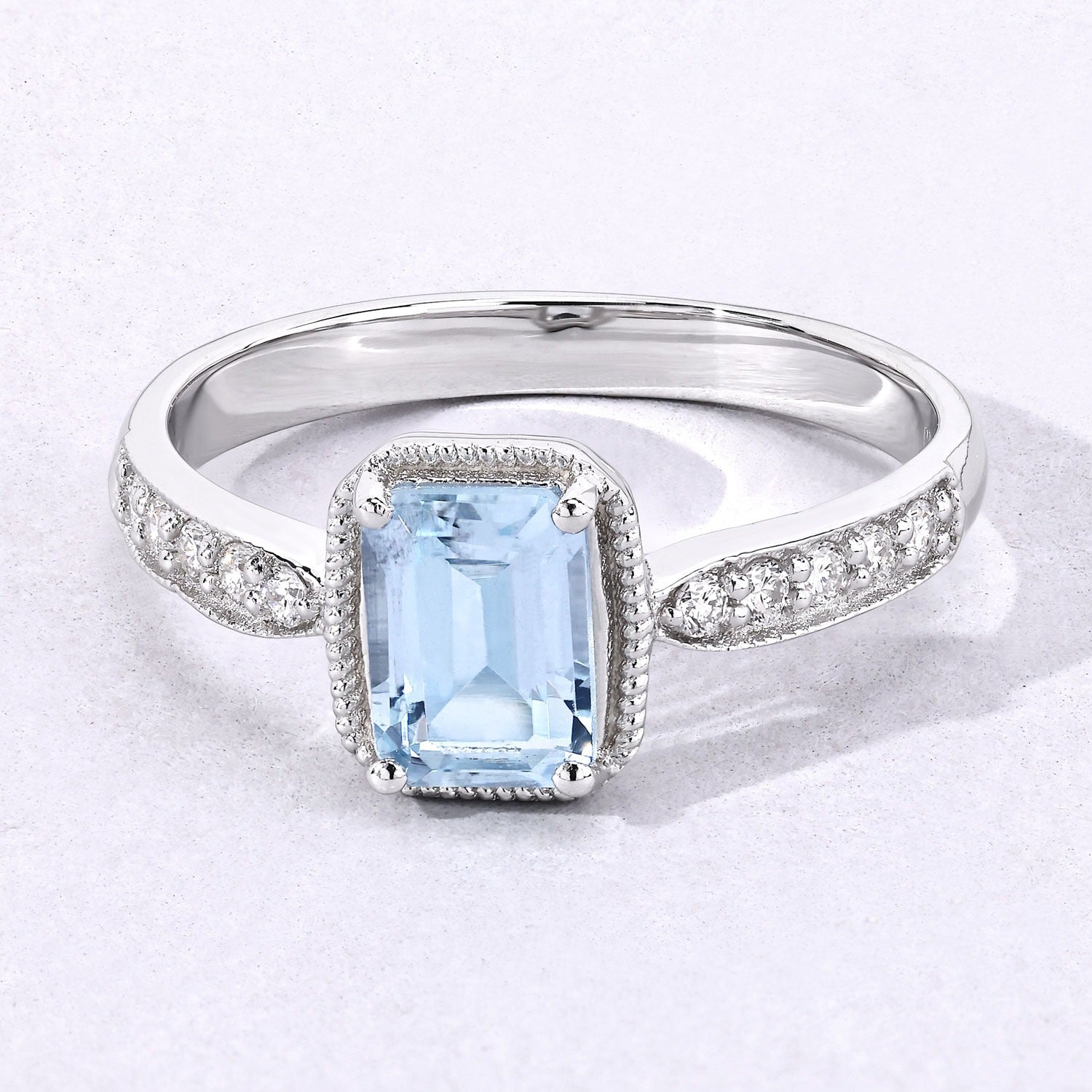 0.94 Ct Genuine Aquamarine and Lab Diamond Sterling Silver Octagon Bridge Ring Fine Color Jewels