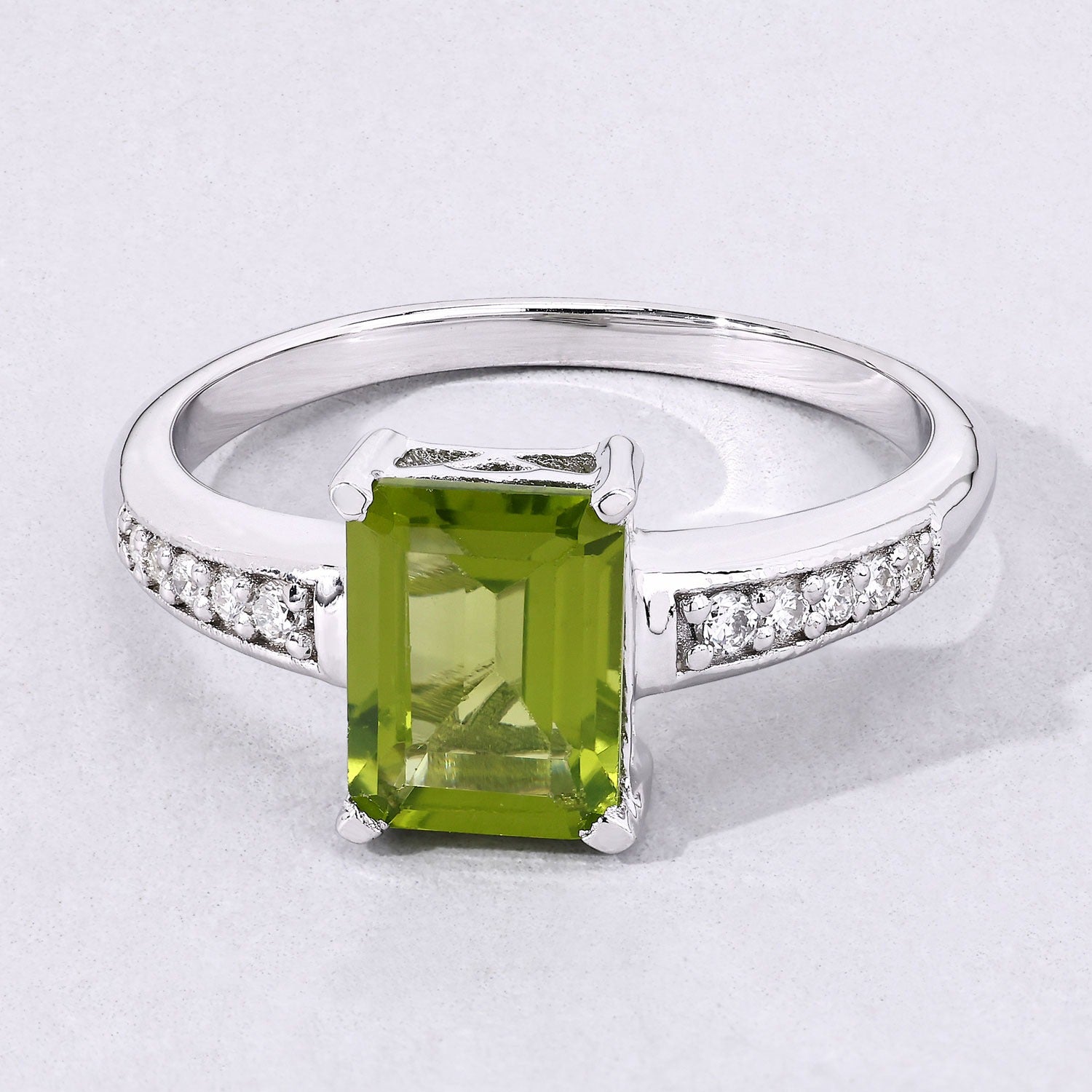 1.69 Ct Genuine Peridot and Lab Diamond Silver Octagon Bridge Ring Fine Color Jewels