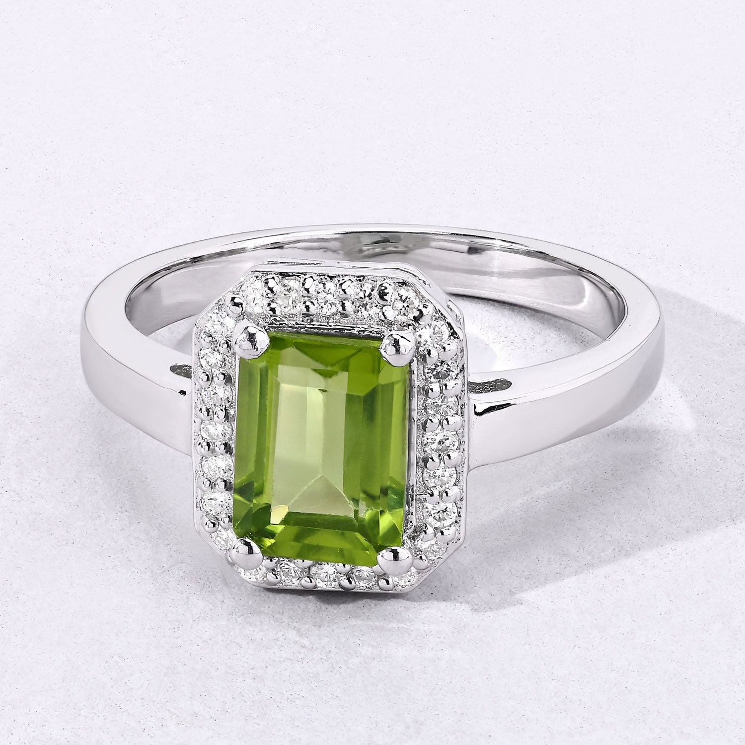 1.78 Ct Genuine Green Peridot and Lab Diamond Silver Halo Octagon Ring Fine Color Jewels